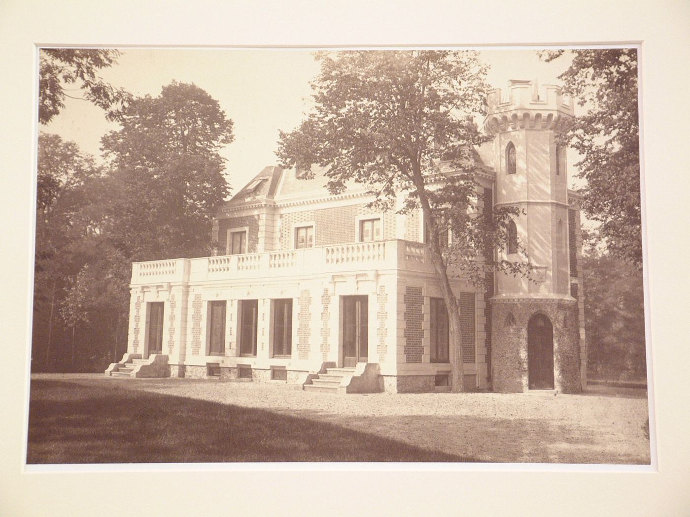 View of construction "retente en toriques 1et pierne avec tour crenelee", Bois de Boulogne, Paris, France