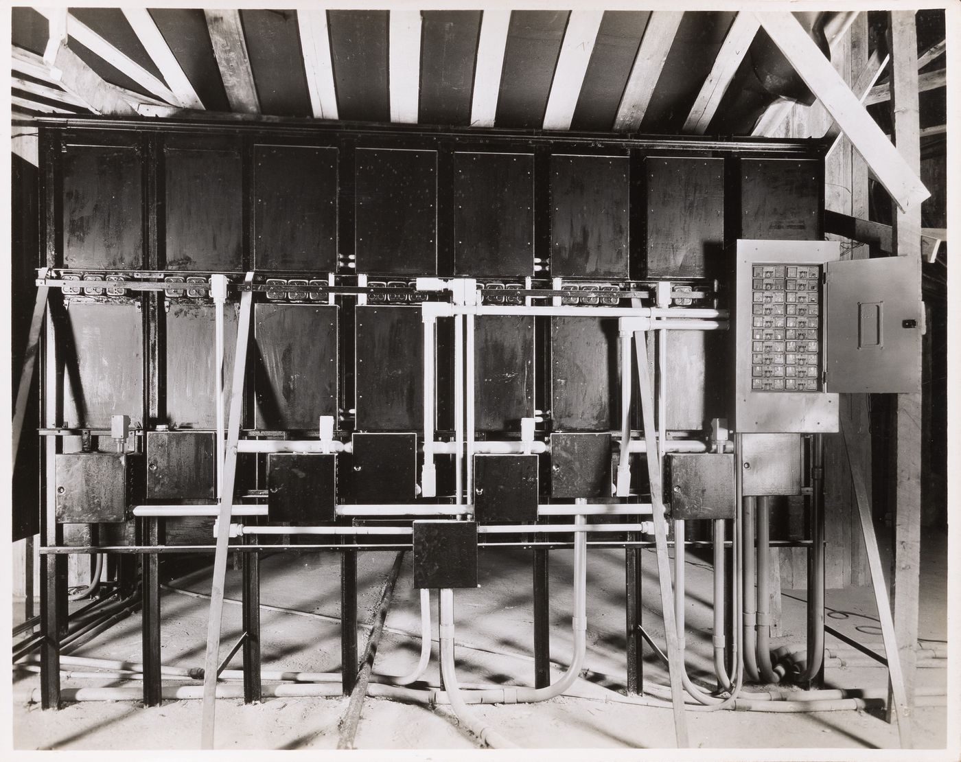 Interior view of switchboards [?], possibly in the main pavilion of Université de Montréal, Montréal [?], Québec