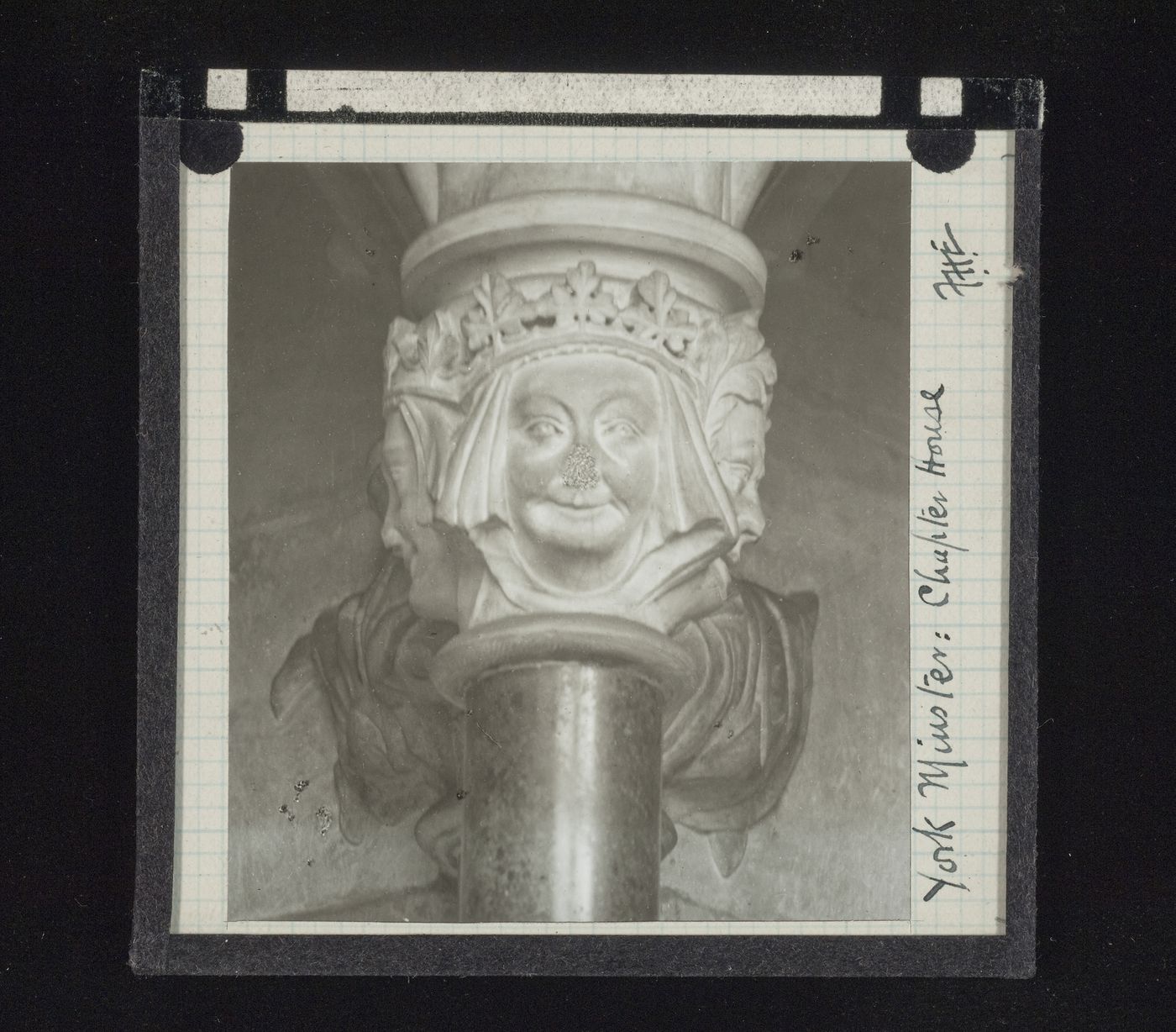 View of capital with carved heads in Chapter House of York Minster, York, North Yorkshire, England