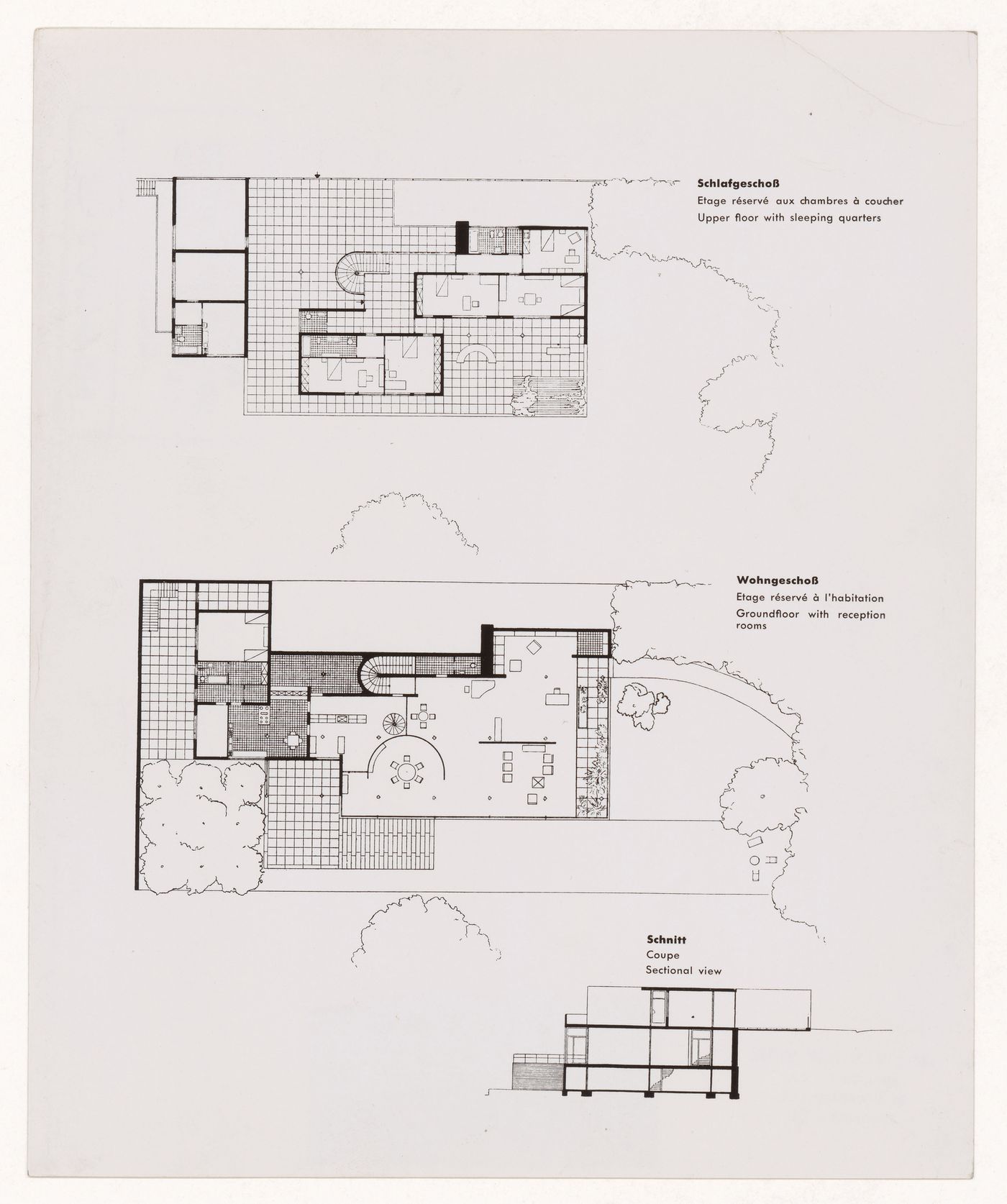 Photograph of ground and first floor plans and a section for Tugendhat House, Brno, Czechoslovakia (now Czech Republic)