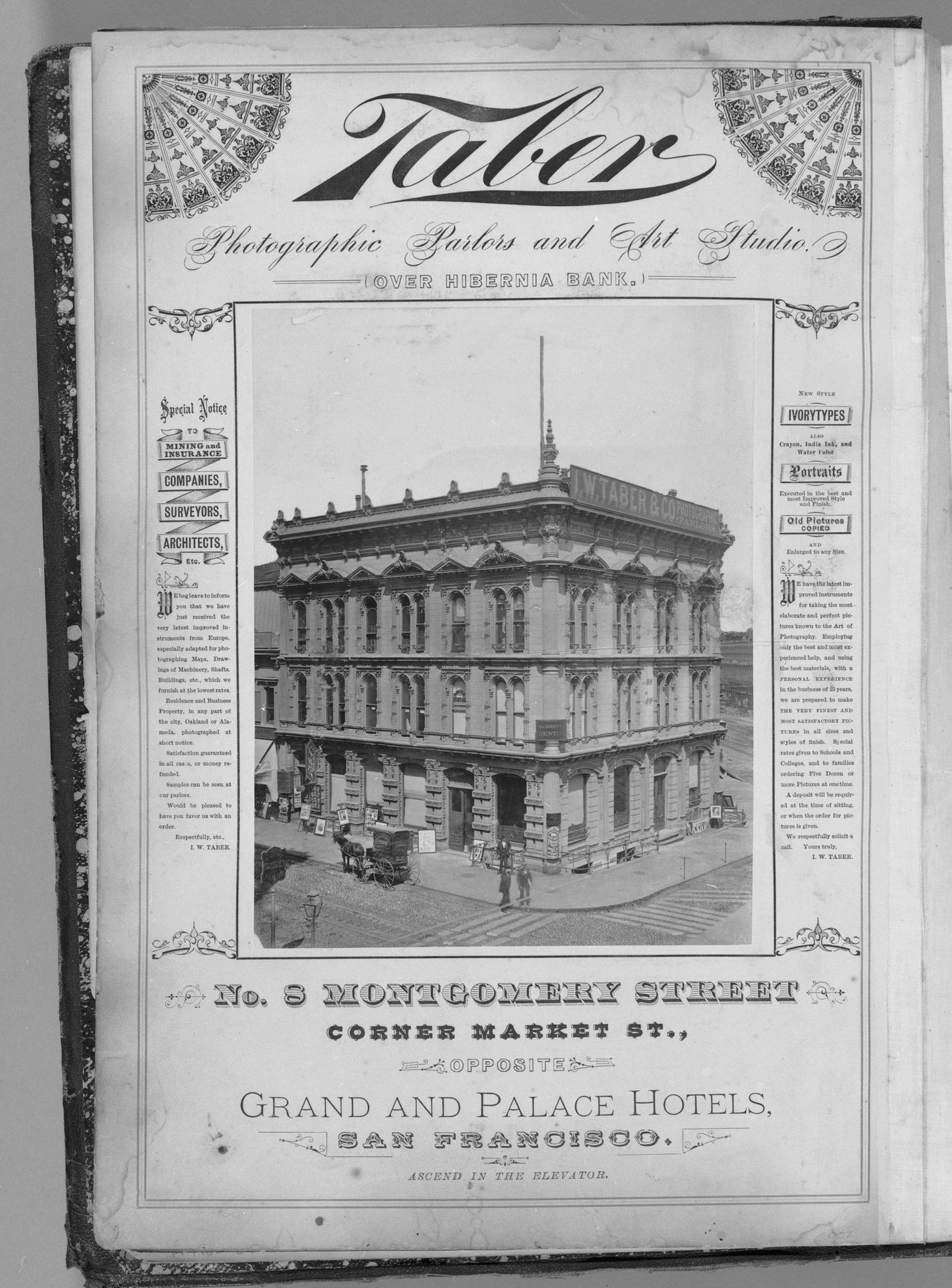 No. 8 Montgomery Street: Taber's photographic establishment at 8 Montgomery Street, exterior, San Francisco, California