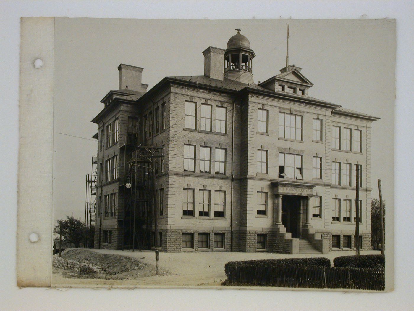 Exterior view of brick public school, Midwest