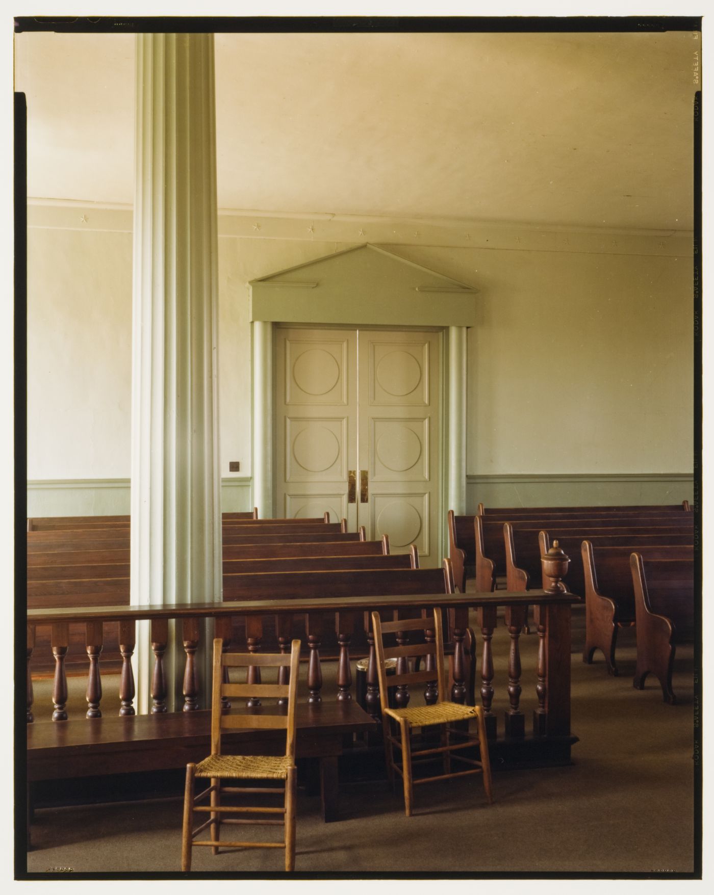 Interior view of the courtroom showing the audience seating, Greene County Courthouse, Greensboro, Georgia, United States