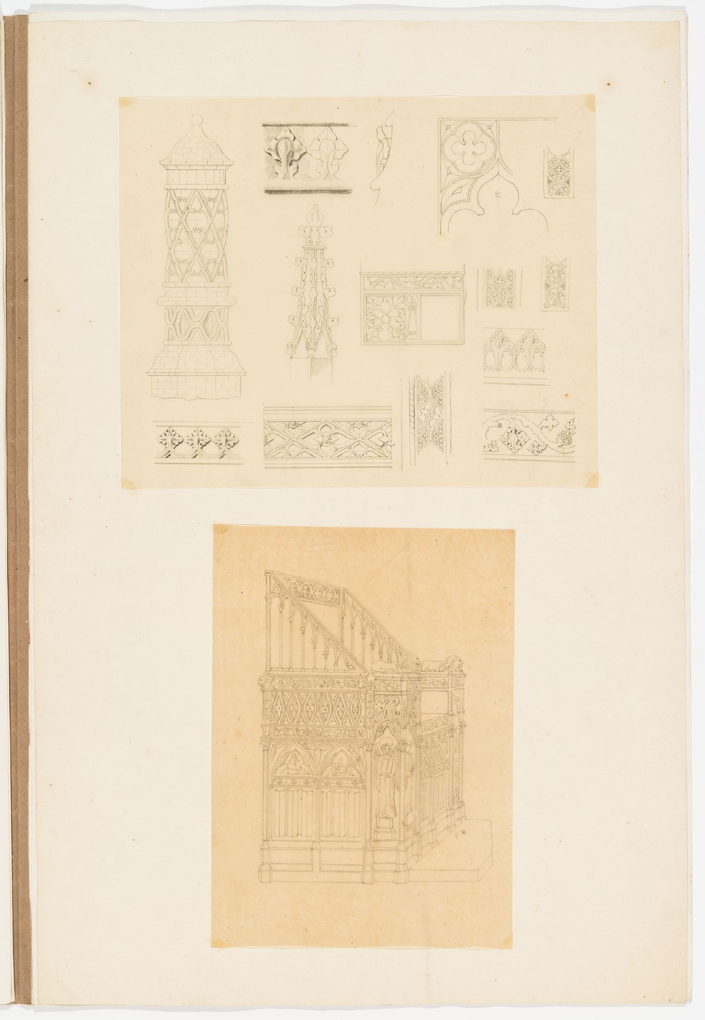 Drawings of Gothic ornament and architectural elements including a pinnacle, a trefoil with spandrels, and running foliated ornament, probably for moldings; Drawing of an ornate carved bishop's throne