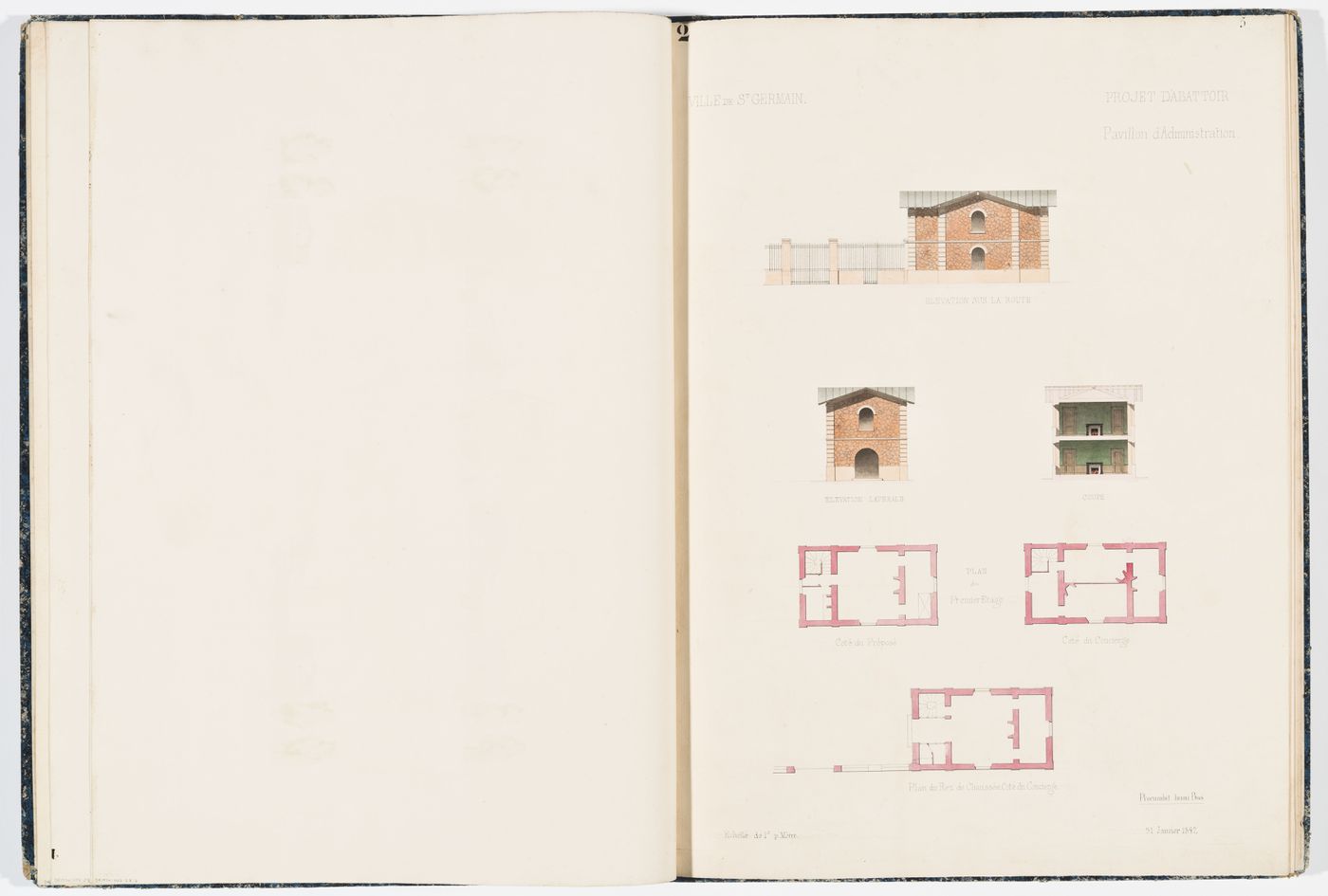 Front elevation, side elevation, and section for an administrative pavilion, plans for the first floor of the "bureau pour le préposé-receveur" and the "loge de concierge", and plan for the ground floor of the "loge de concierge"
