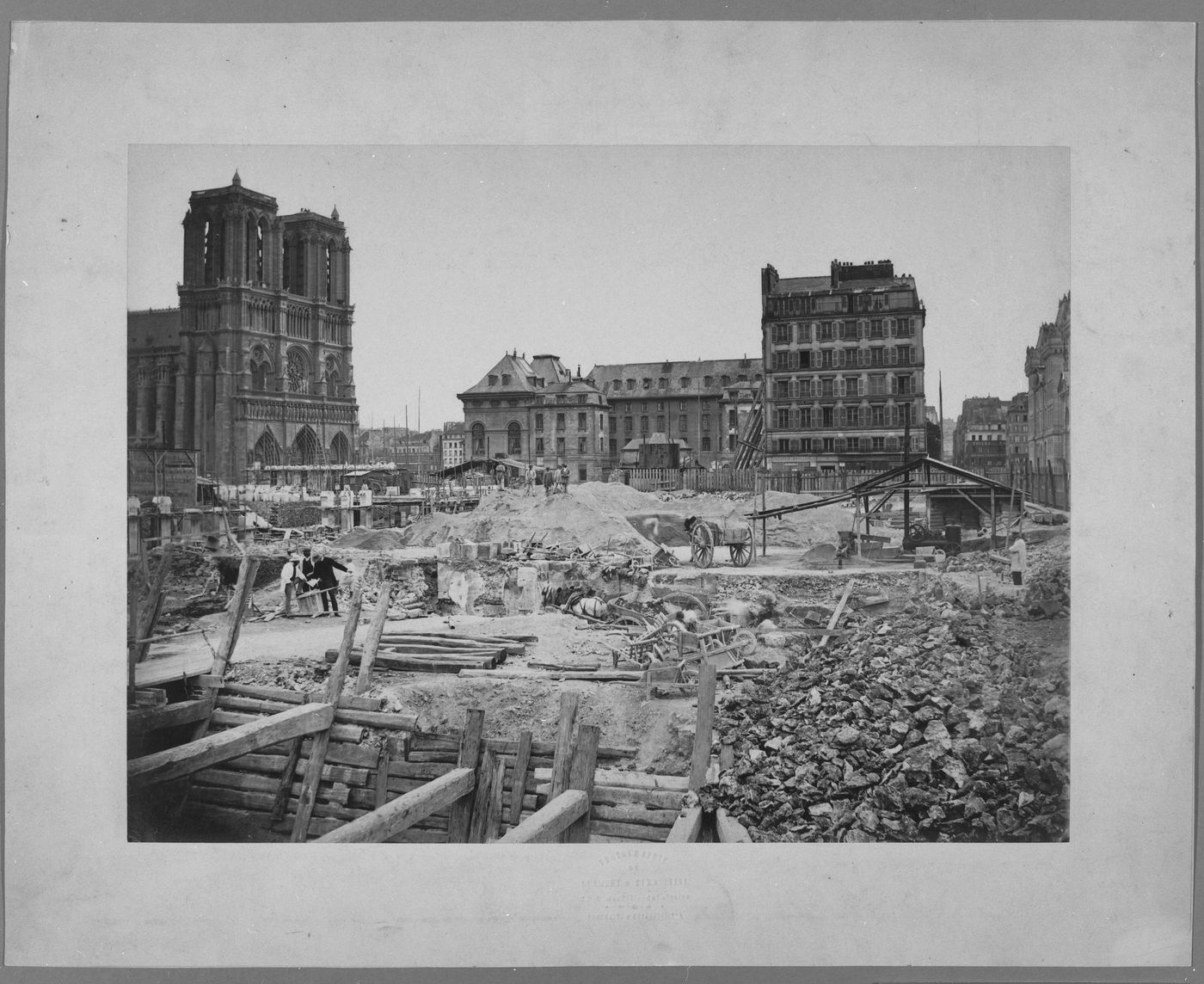 View of demolition work for the construction of the Hôtel-Dieu hospital opposite the Notre Dame, Paris, France