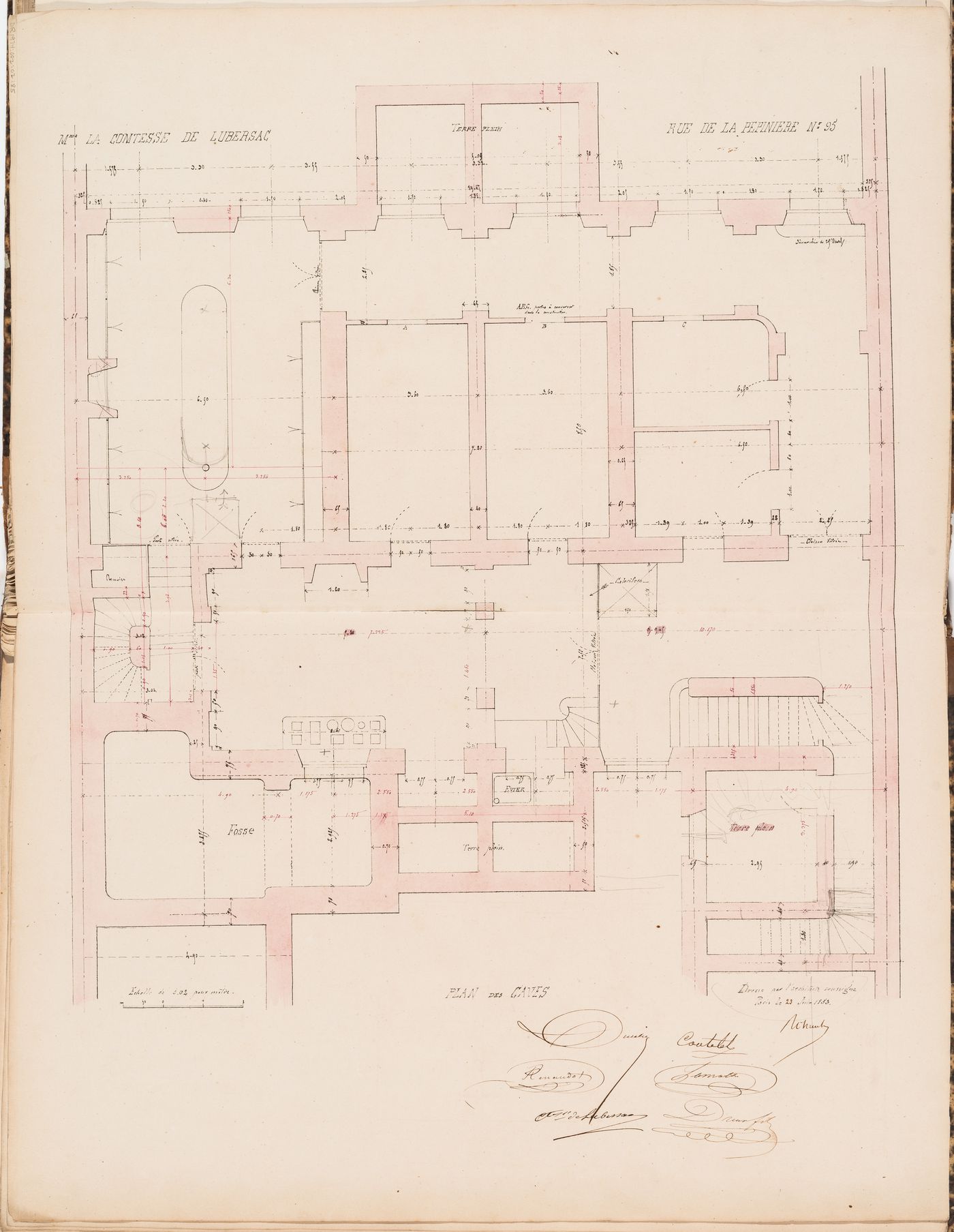 Contract drawing for a house for Madame la comtesse de Lubersac, 95 rue de la Pépinière, Paris: Plan for the "caves"
