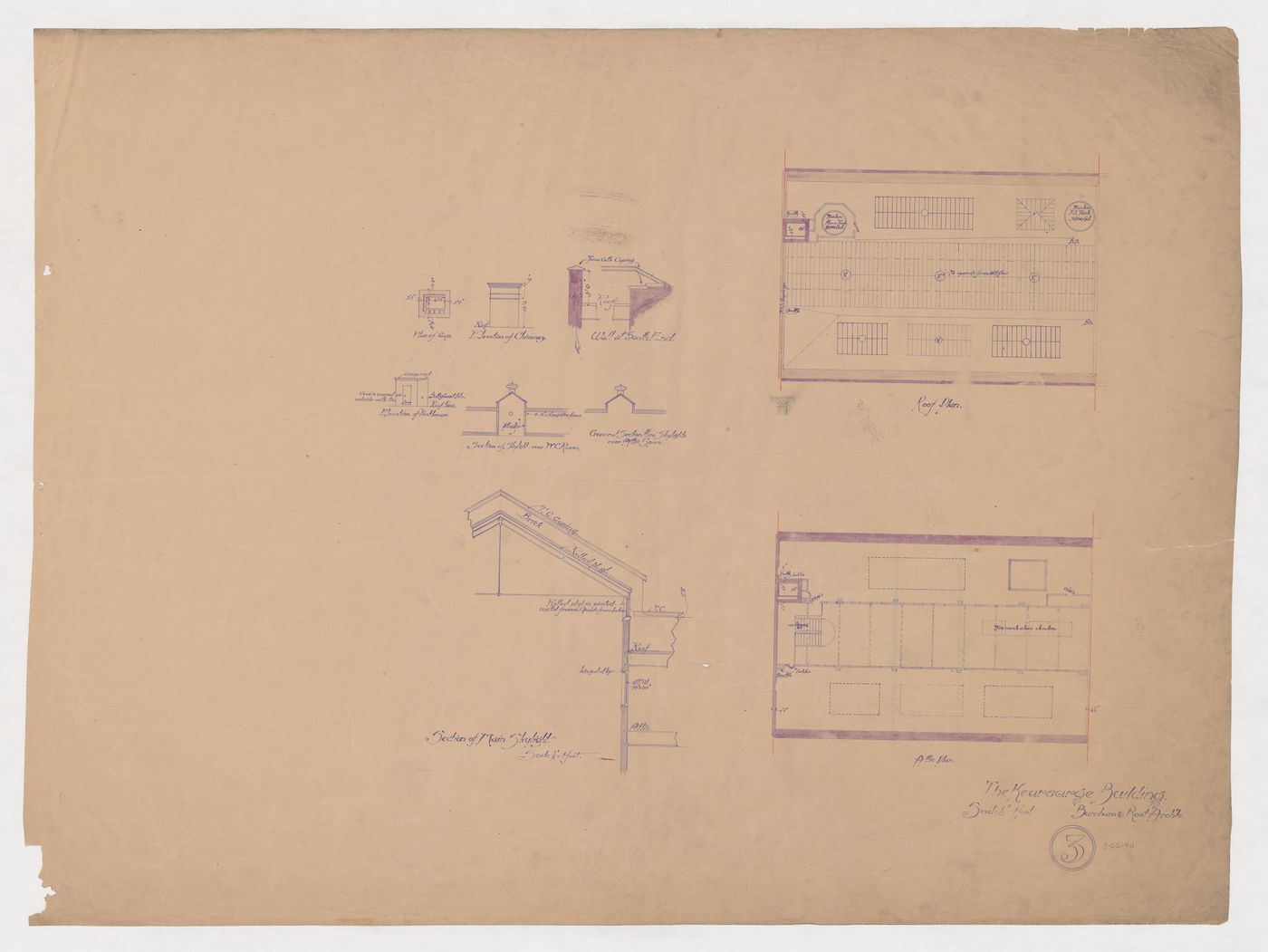 Kearsarge Building, Chicago: Attic and roof plans, section for the main skylight with plan and elevation for a chimney, partial sections through the south wall, elevation for the penthouse, and section for skylights