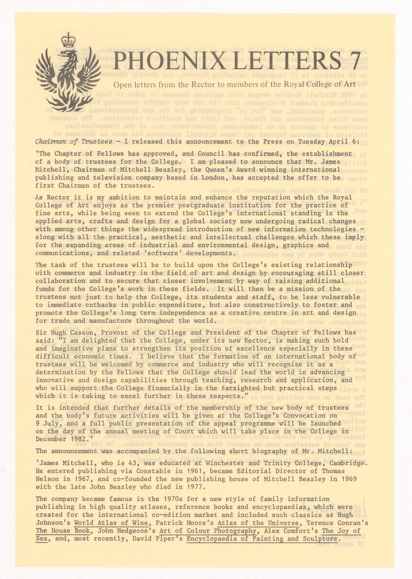 Open letter by Lionel March for the Royal College of Art publication "Phoenix Letters"