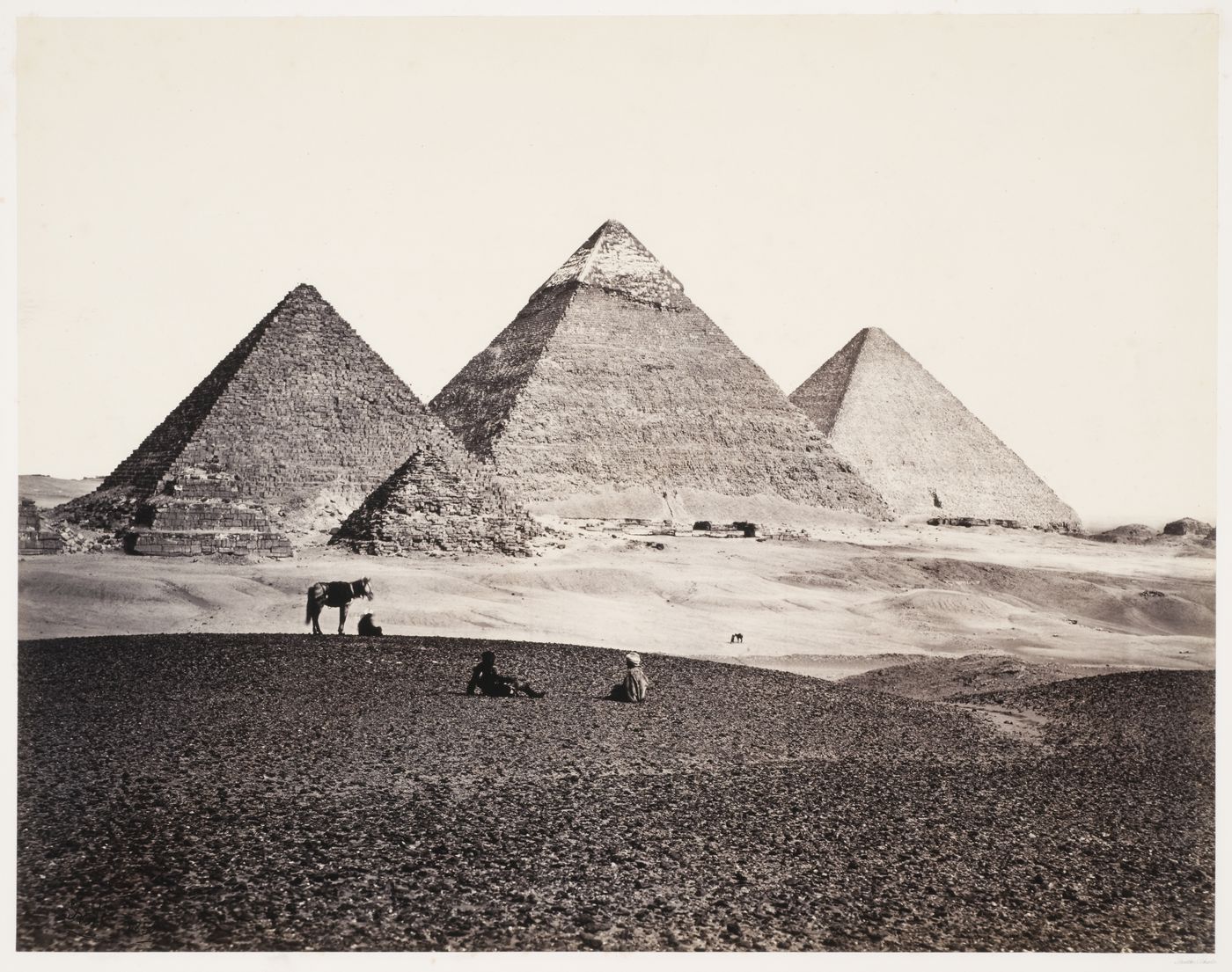 View of the Pyramids of Mycerinus, Chephren and Cheops, figures with horse in foreground, Giza, Egypt