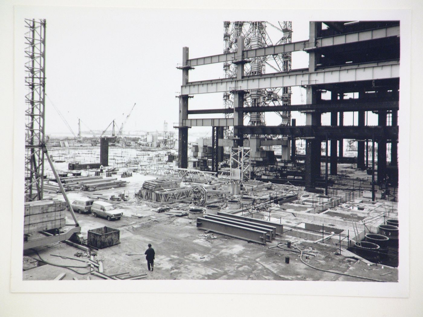 View of construction of steel structure for power station, United Kingdom