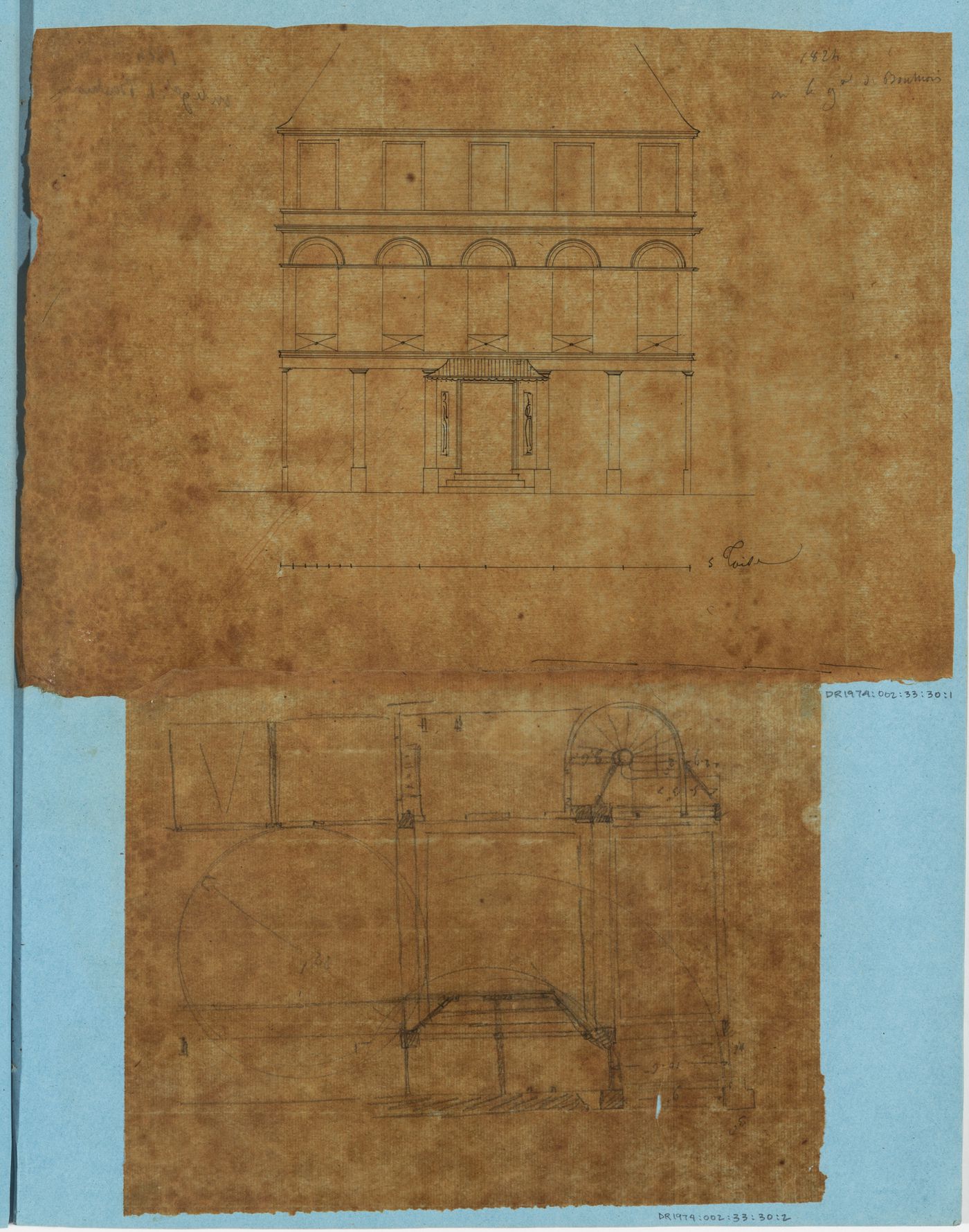 Project for an apartment house for M. Boulnois: Elevation for a three-storey apartment house and an unidentified partial sketch plan