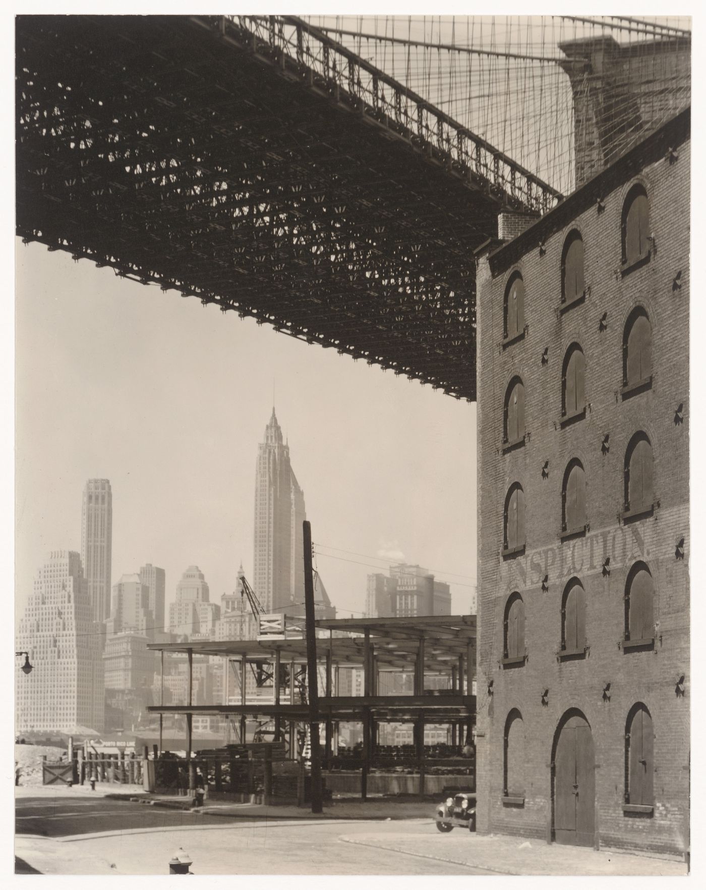 View of lower Manhattan with a partial view of the Brooklyn Bridge in the foreground, Brooklyn, New York City, New York