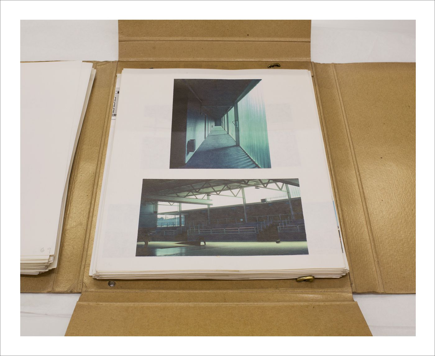 Proofs of Relevance: View of a photographic layout for a portfolio showing interior views of the Parquesol Sports Hall finished project, Abalos & Herreros (1988-1991), Valladolid, Spain