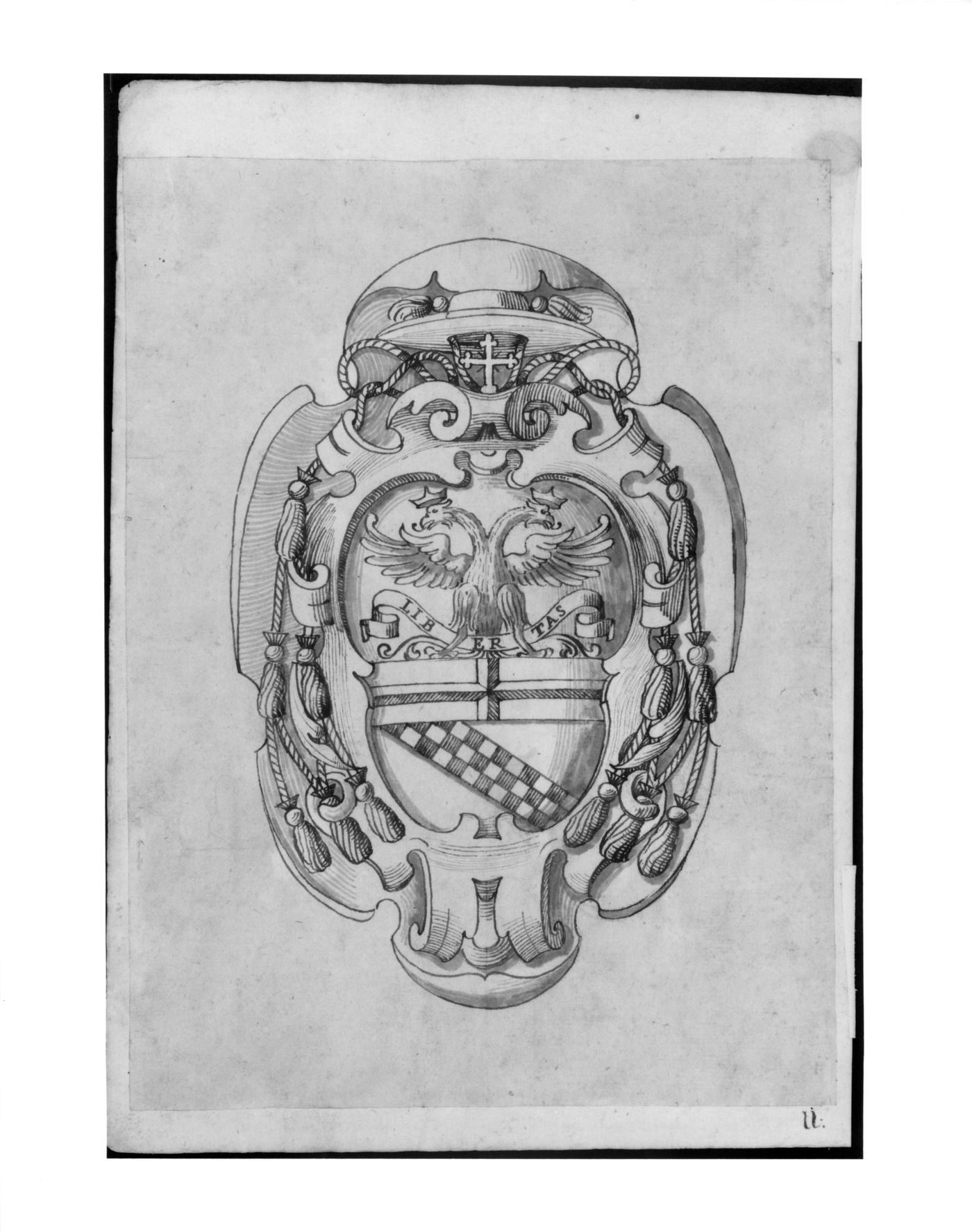 Design for a cardinal's coat of arms with a two-headed eagle and the motto, LIBERTAS