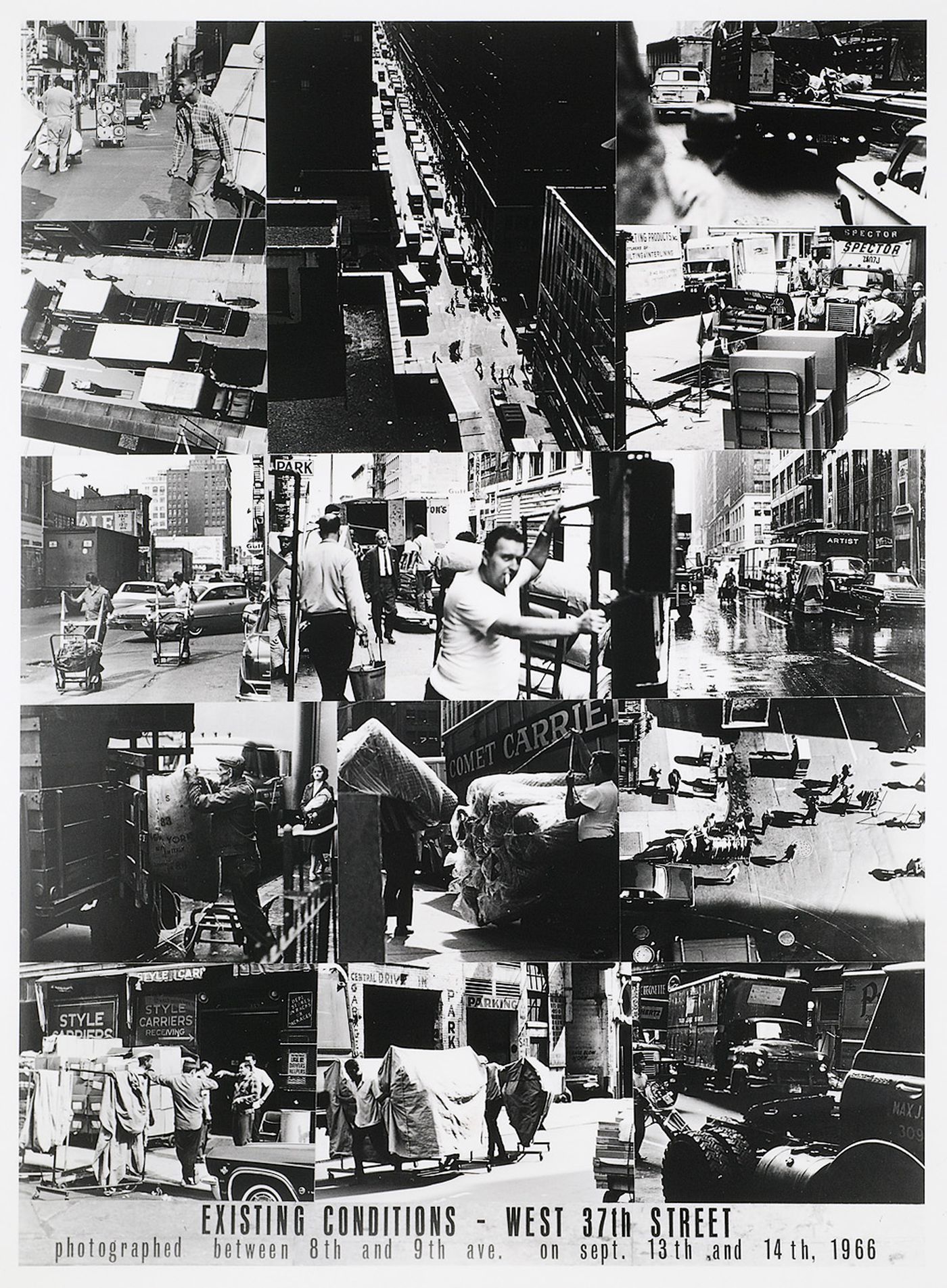 Photomontage incorporating portraits of workers and pedestrians and views of buildings and traffic on West 37th Street, Manhattan, New York City, New York