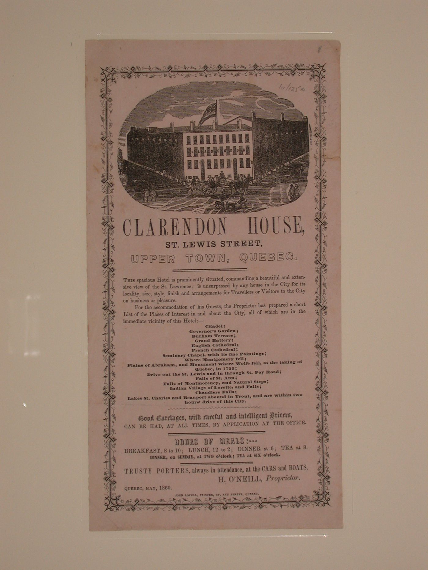 Advertisement poster for Claredon House, Quebec