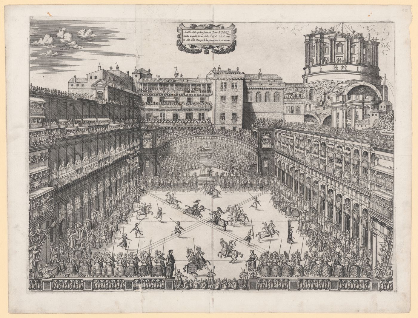 Perspective of a tournament held in the Cortile di Belvedere, Vatican Palace, Rome