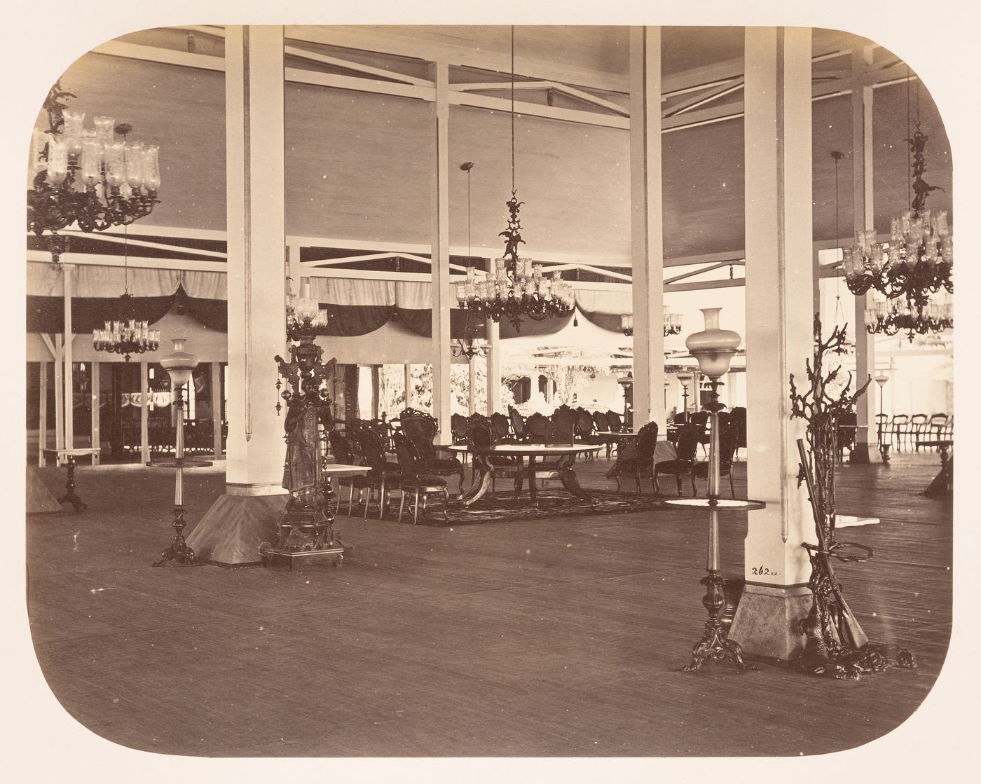 Interior view of the pendopo of the Puro Mangkunegaran, Solo (now Surakarta), Dutch East Indies (now Indonesia)