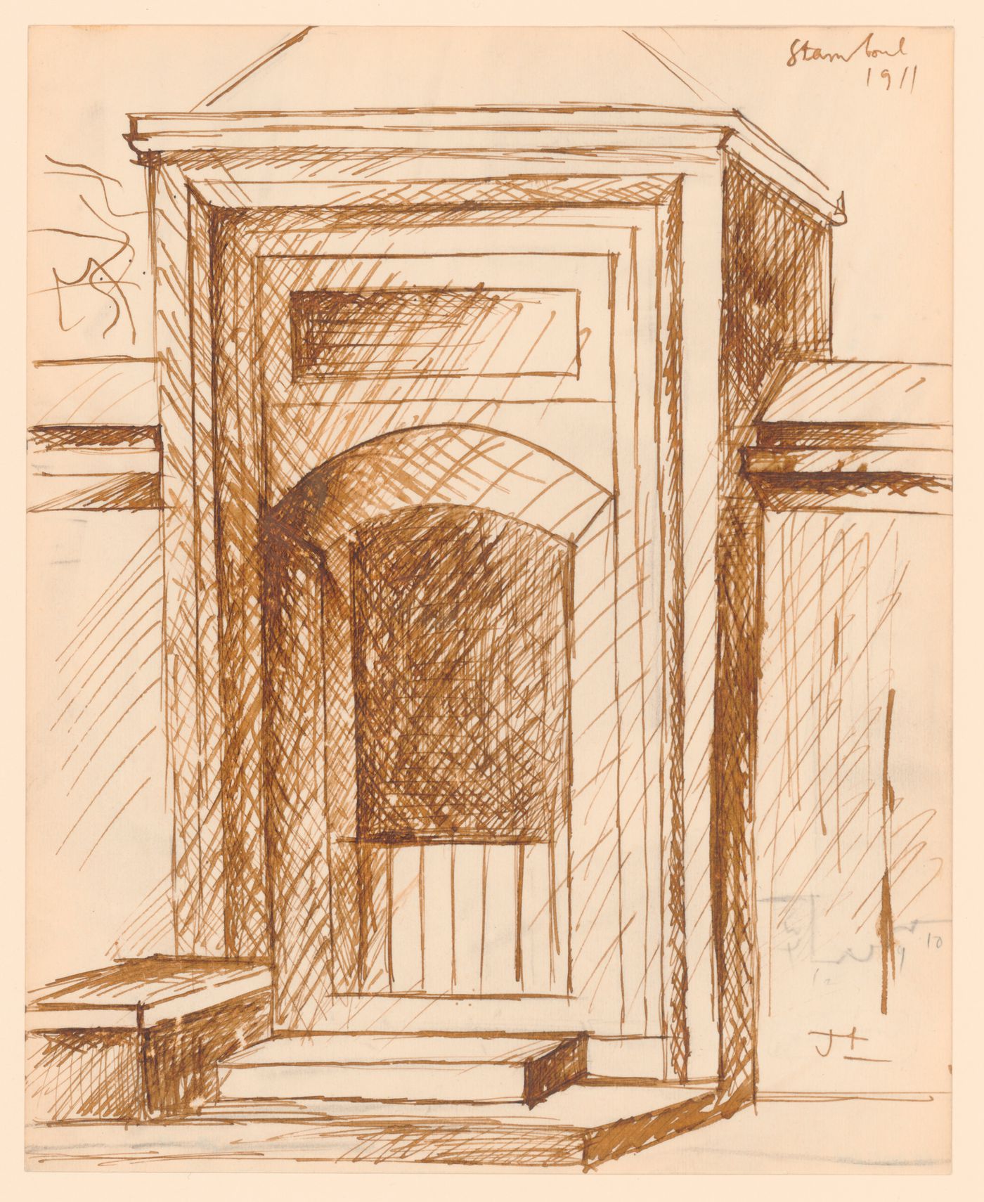 Copy after Le Corbusier, perspective sketch of a segmental arched niche with water fountain, covered by a hipped roof, set into an enclosing wall, Suleymaniye Mosque, Adrianapoli
