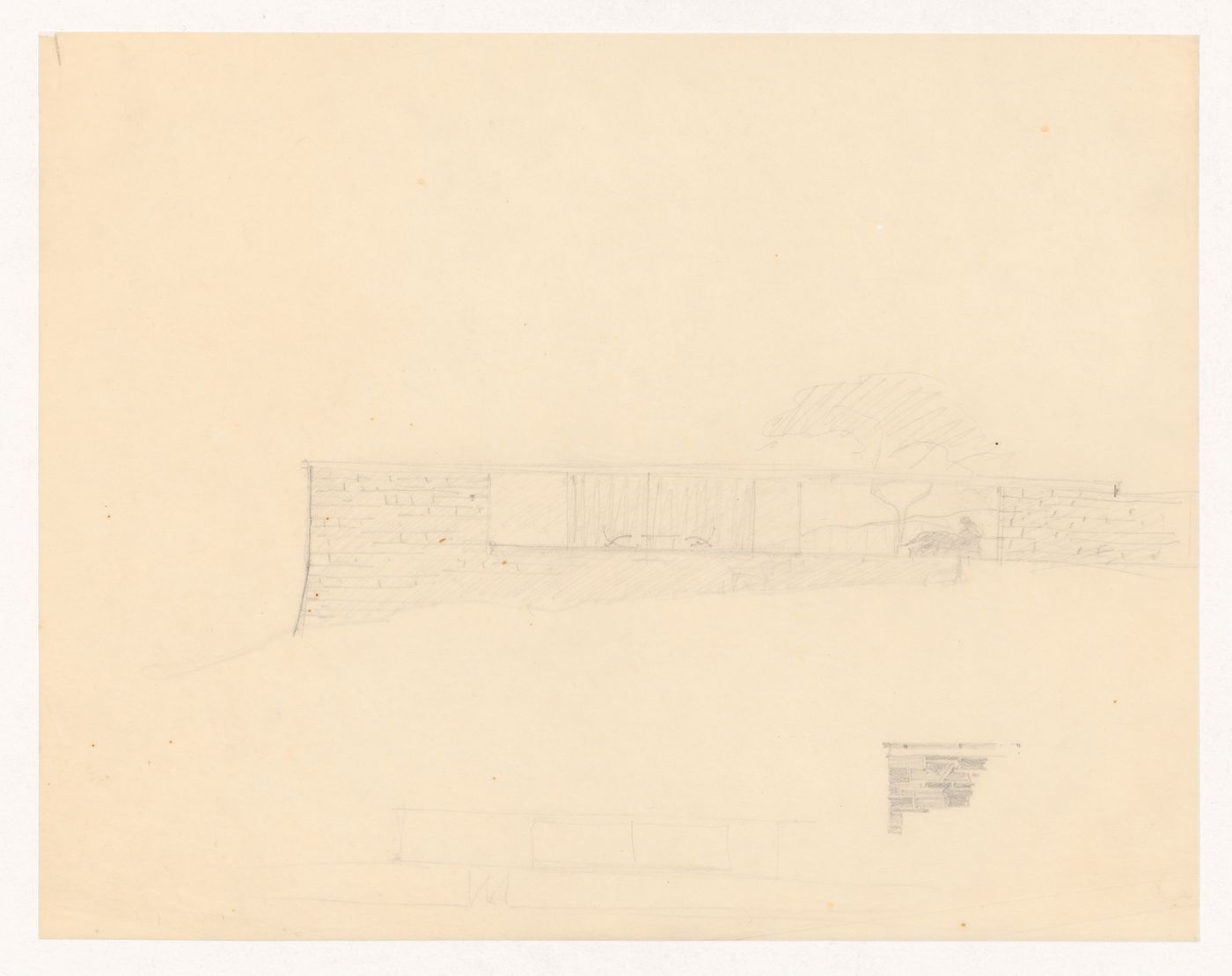 Sketch elevation for Mountain House with sketch for a detail for the upper wall and sketch elevation, probably for the entrance façade