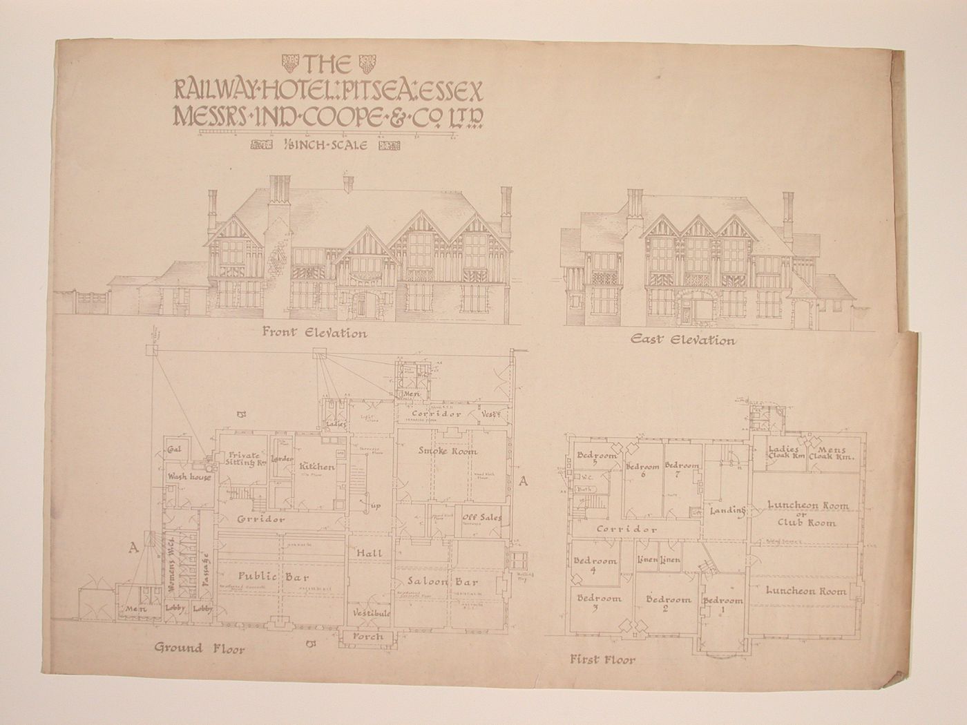 Front and east elevations and ground and first floor plans for the Railway Hotel, Pitsea