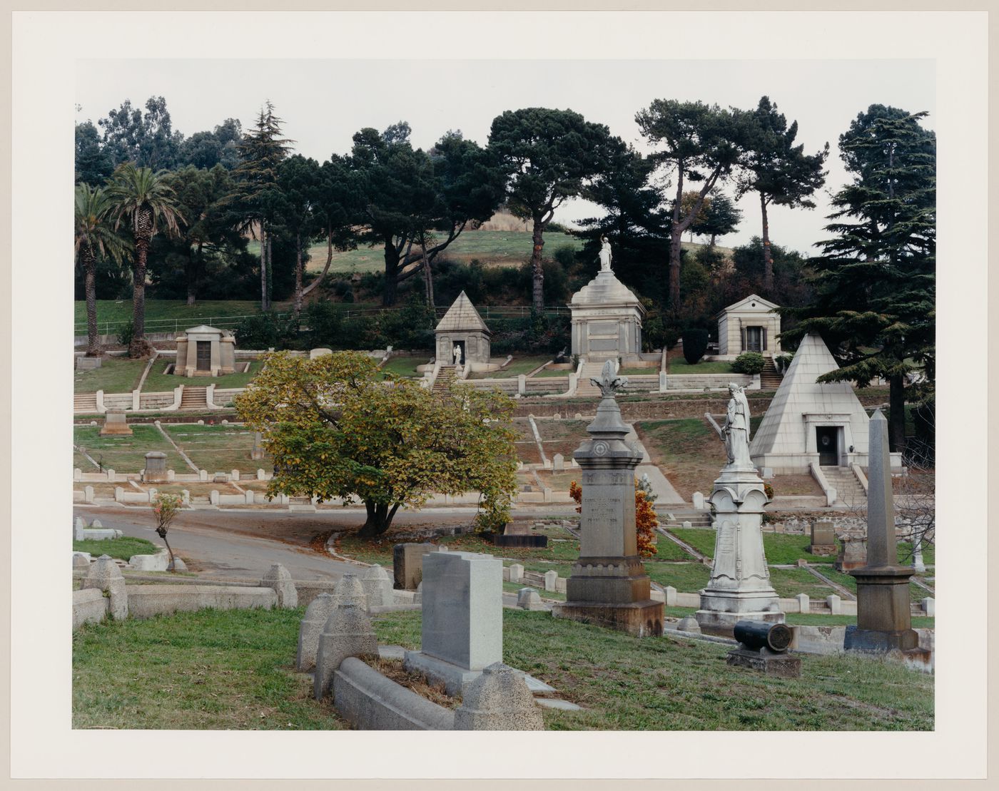 Viewing Olmsted: Detail with Goodall Memorial, overcast day, Mountain View Cemetery, Oakland, California