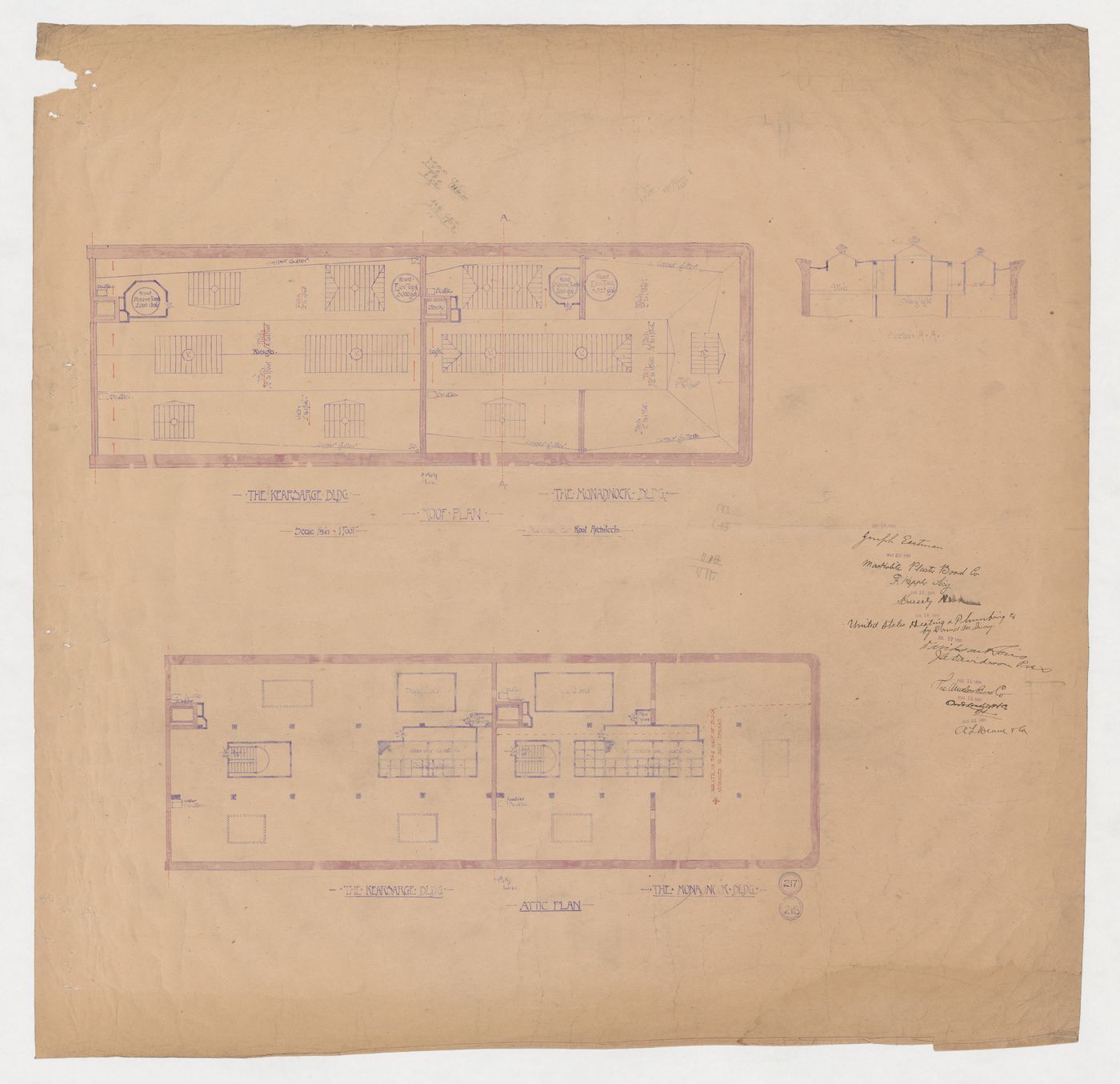 Monadnock and Kearsarge Buildings, Chicago: Attic and roof plans with section through skylights