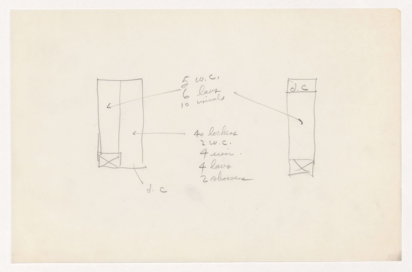 Partial sketch plans for lavatories, showers and lockers for the Metallurgy Building, Illinois Institute of Technology, Chicago