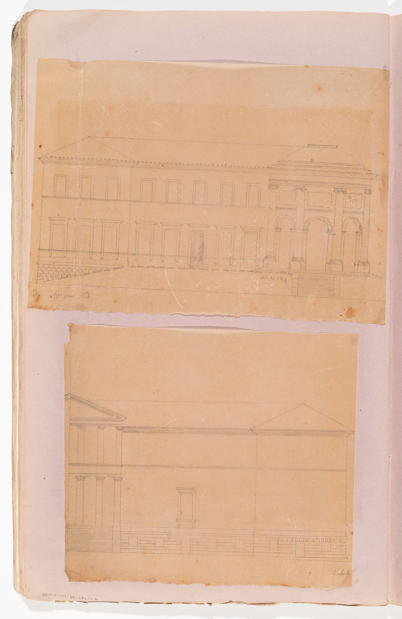 Partial sketch plan for a country house with a circular salon; verso: Elevation and partial elevation for a country house with a circular salon