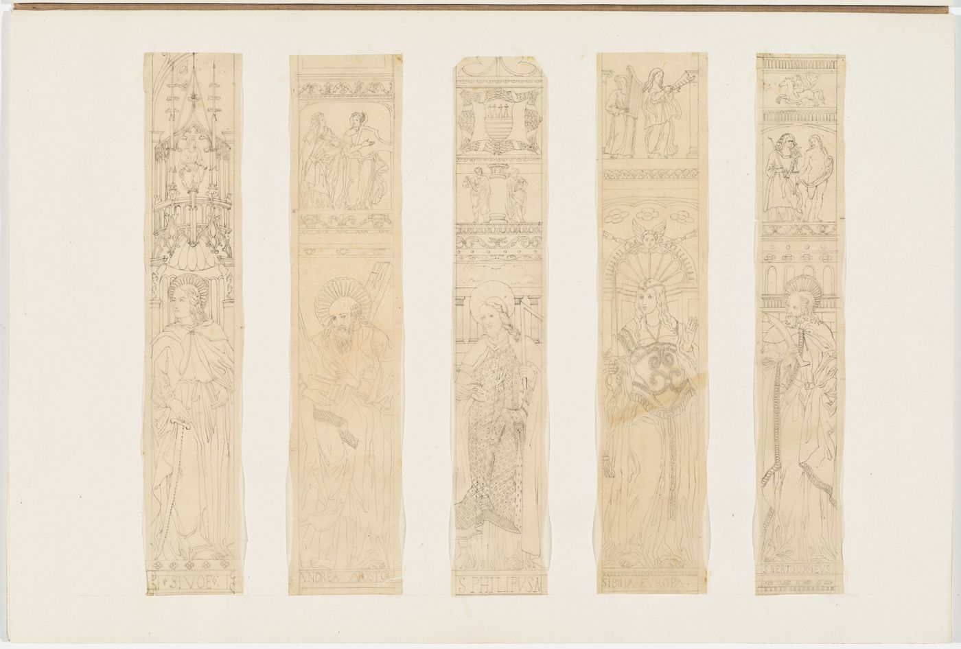 Five drawings of Christian saints and one sibyl, probably from stained glass: an unidentified female saint; St. Andrew; St. Phillip; St.Bartholomew; and Sibyl-Europa