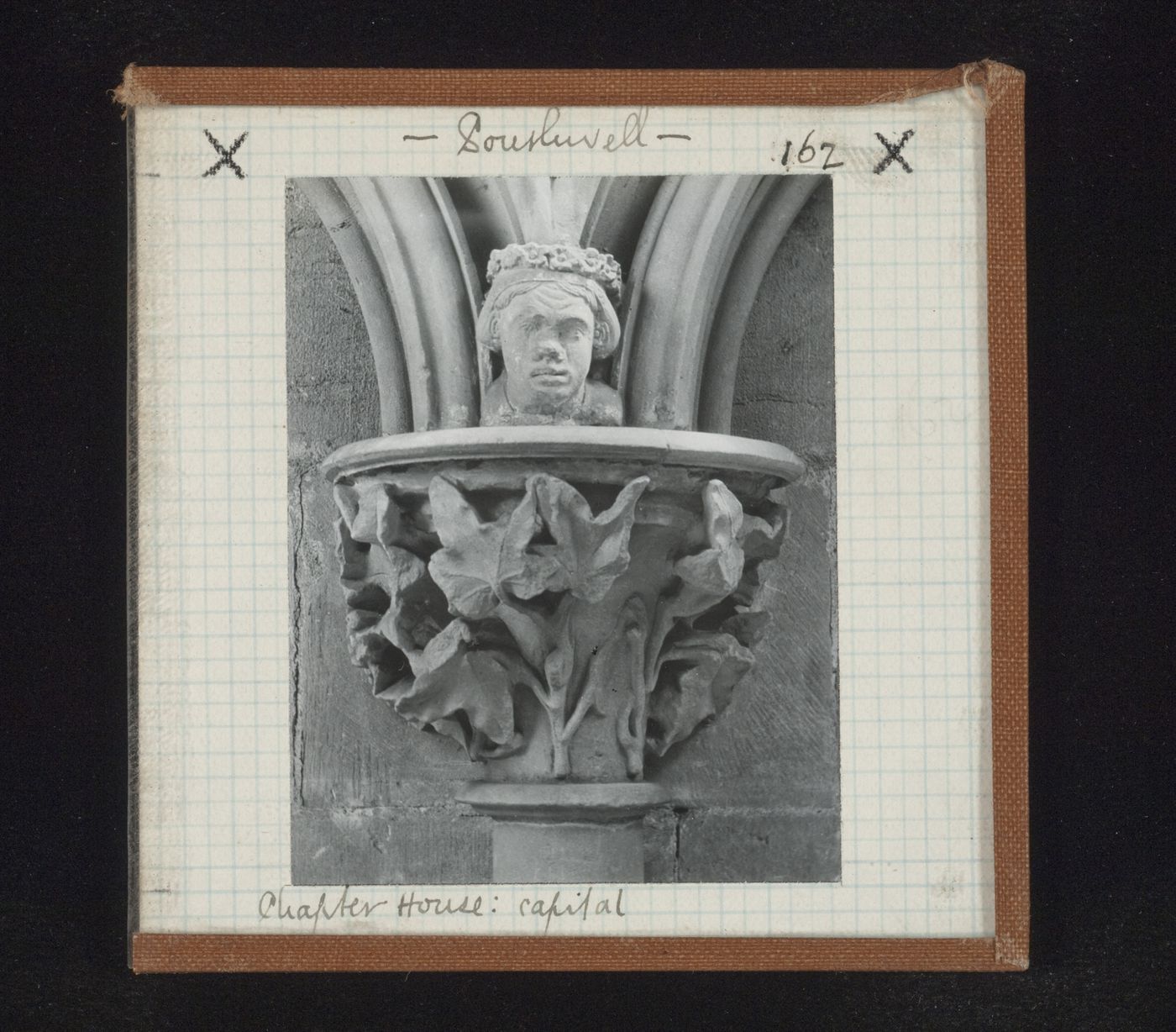 View of capital with sculpture of head on the abacus at Chapter House, Southwell Minster, Southwell, Nottinghamshire, England