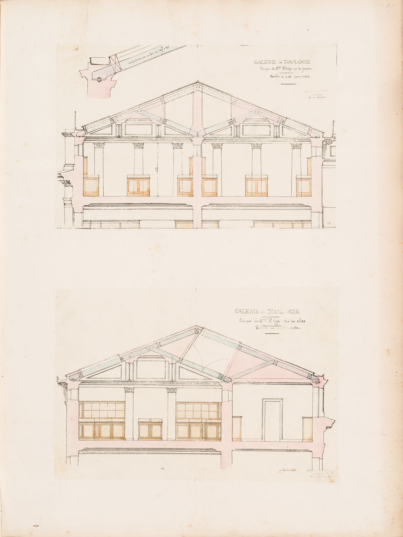 Project for a Galerie de zoologie, 1846: Cross sections for the second floor for the main and side wings