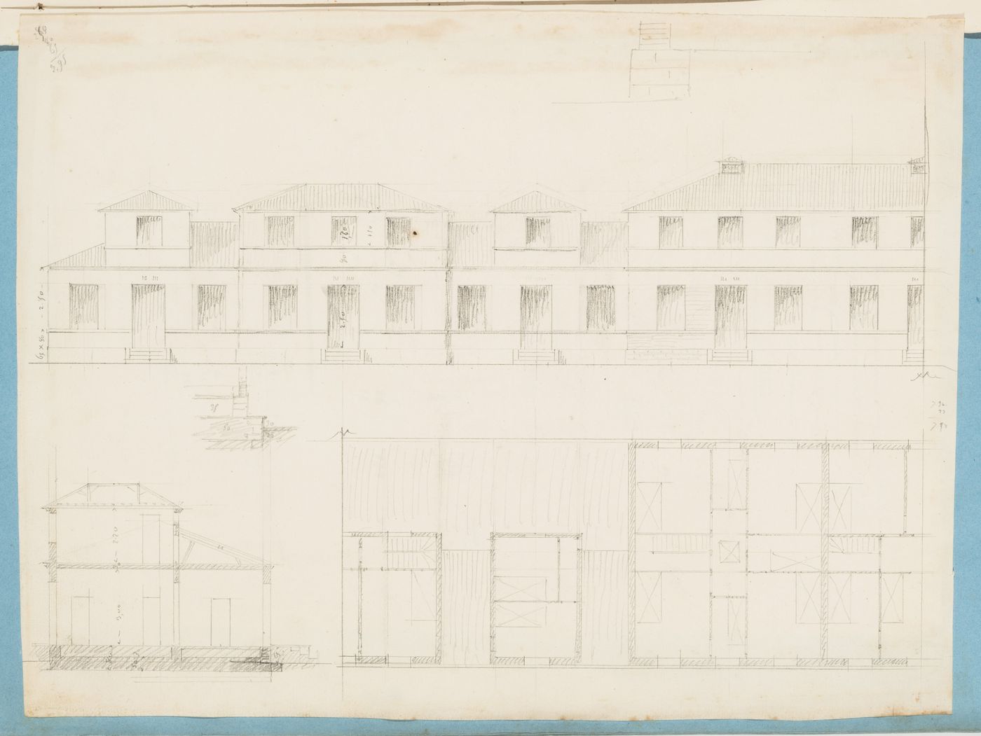 Project for housing for M. Busche: Section, partial elevation and plan for the second floor for row houses