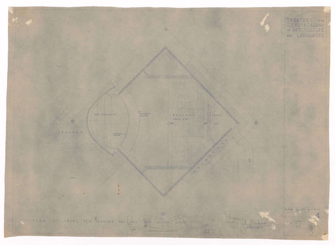 Plan showing balcony and stage grid for Theatre for J&K Academy of Art, Culture and Languages, Jammu, India