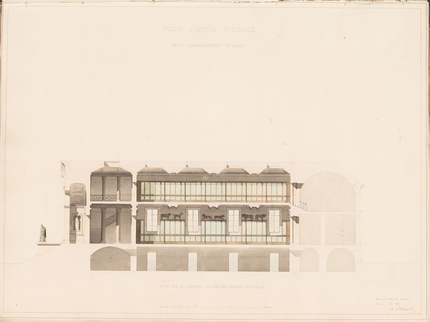 Project for a Galerie de zoologie with a single row of galleries and a central courtyard, 1838: Section through the vestibule and side galleries