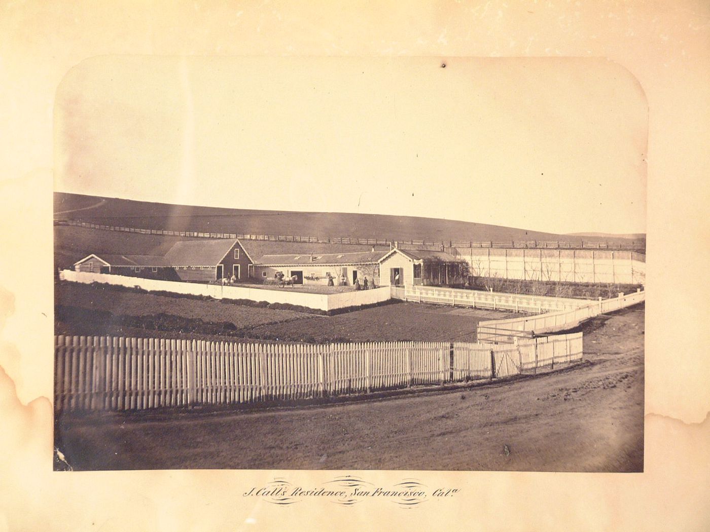 J. Calls Residence, view of fenced off house barns and farm land, San Francisco, California