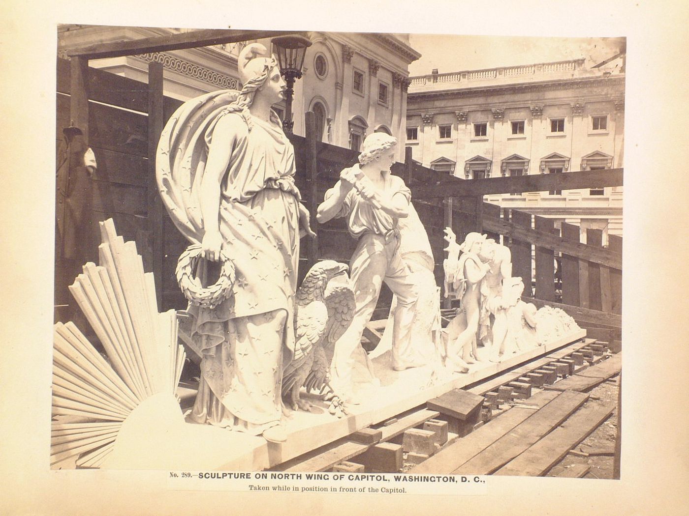 Sculpture for north wing of Capitol ready for installation, Washington, District of Columbia