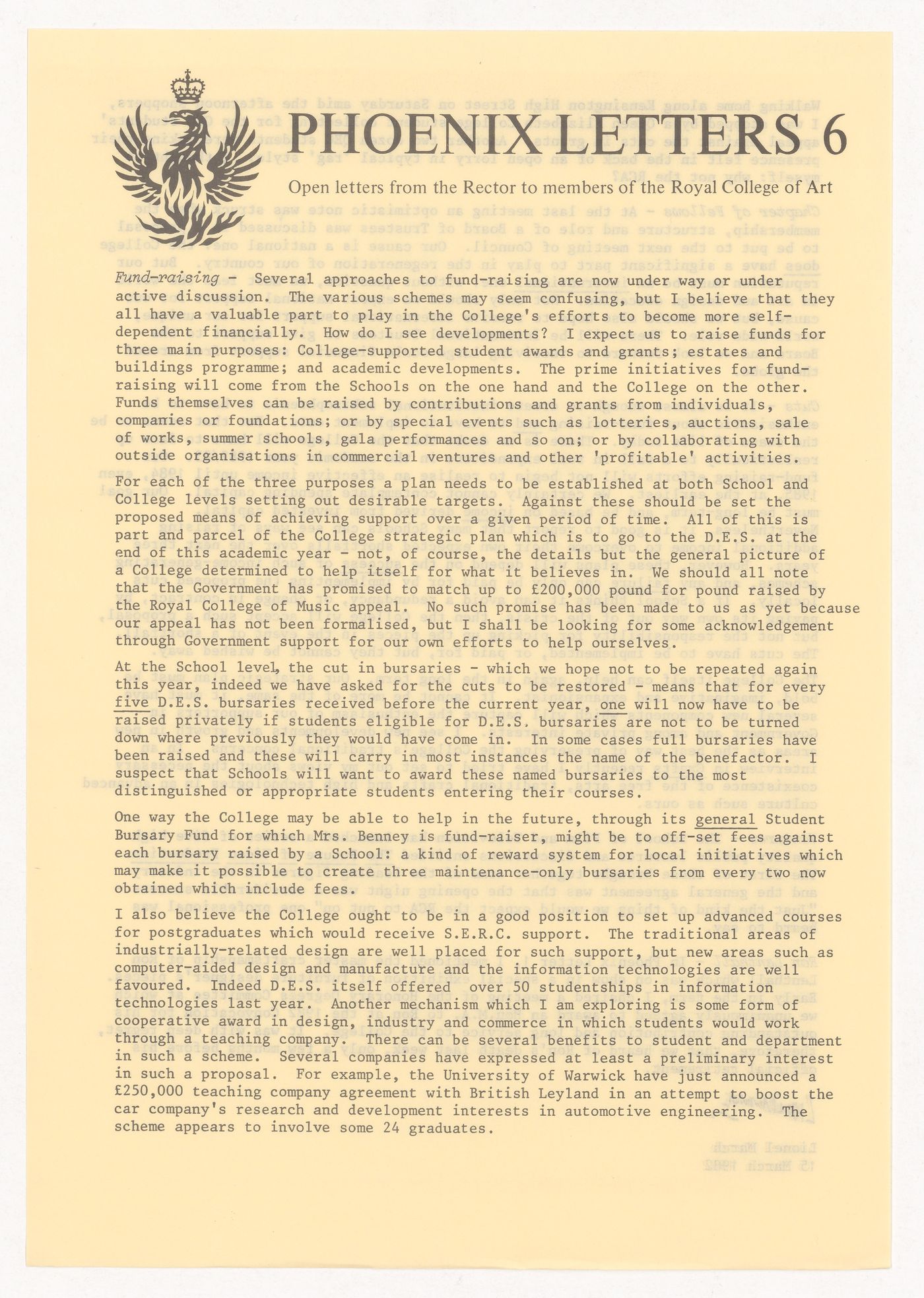 Open letter by Lionel March for the Royal College of Art publication "Phoenix Letters"