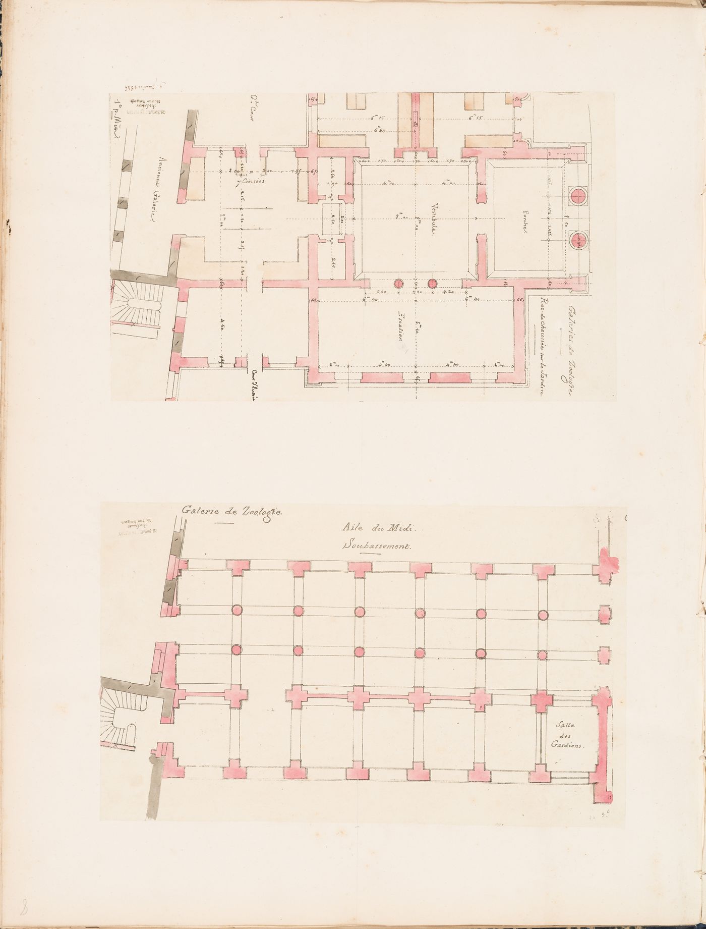 Project for a Galerie de zoologie, 1846: Plan for the "soubassement" of the south wing and partial ground floor plan showing the entrance
