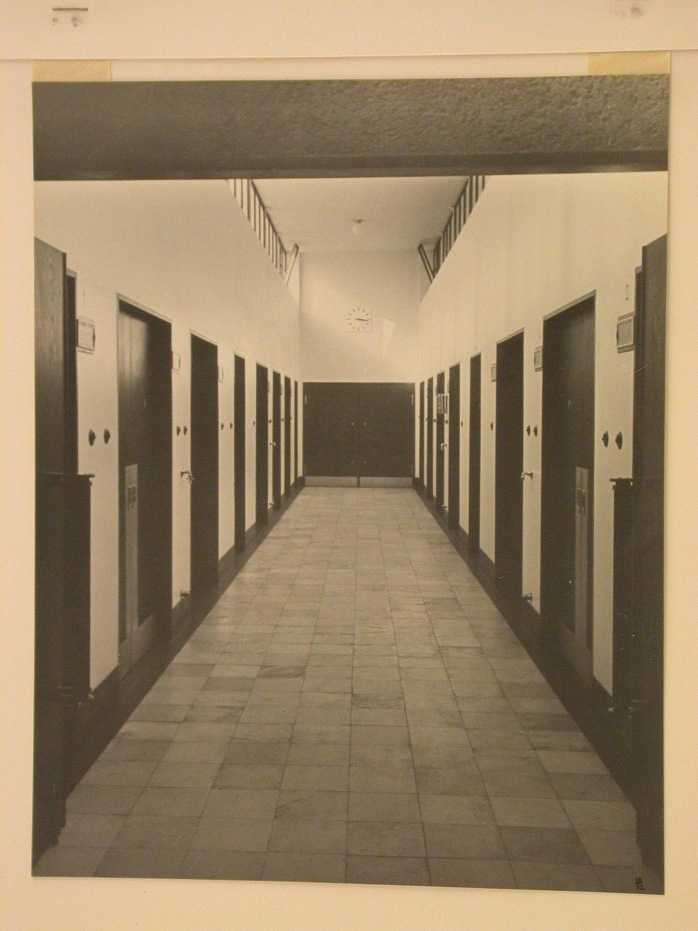 Interior view of a corridor and doors in a building in the New Jewish Cemetery [Neuer Jüdischer Friedhof], Frankfurt am Main, Germany