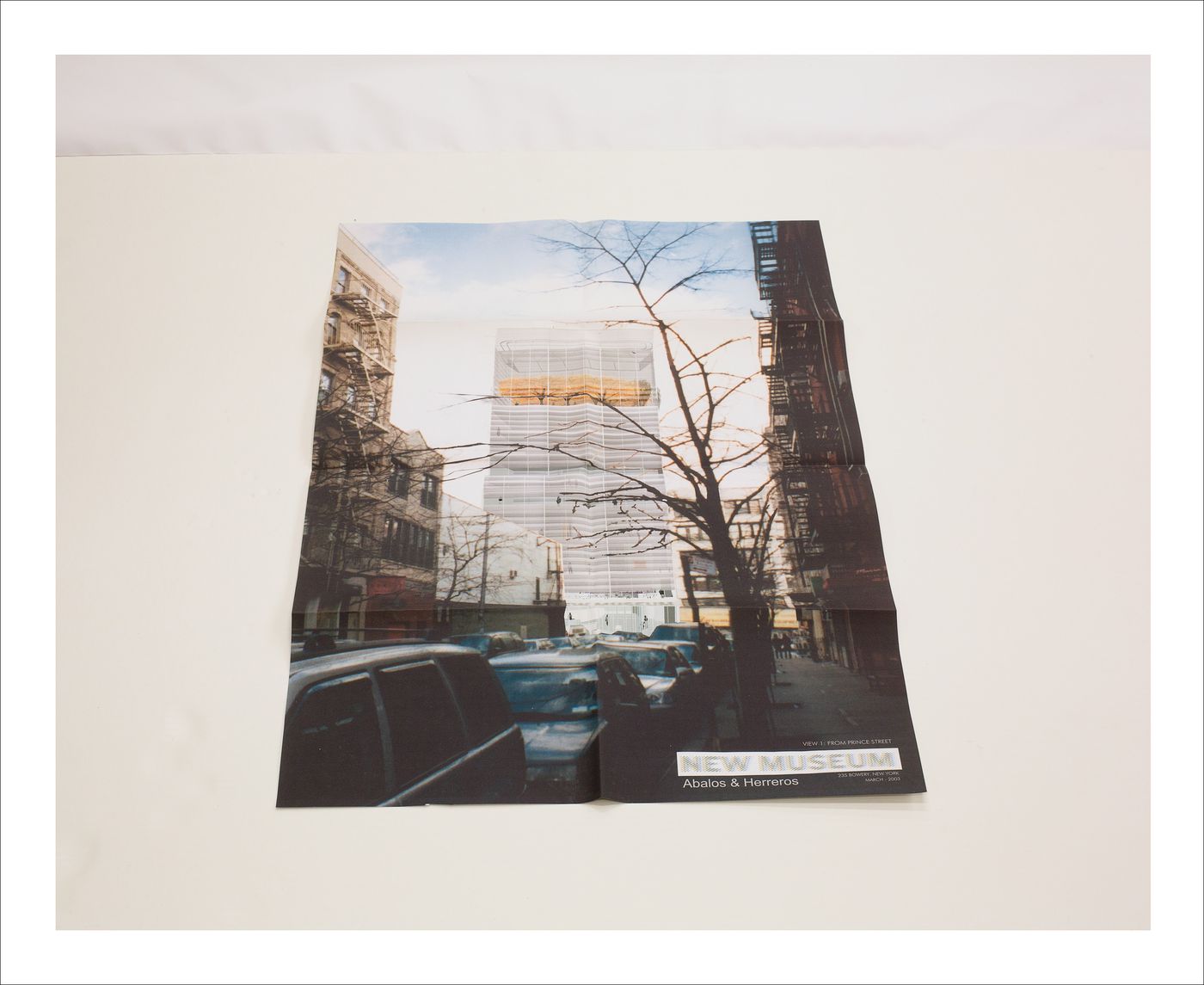 Proofs of Relevance: View of a poster showing a photomontage of the New Museum of Contemporary Art competition project, New York City, Abalos & Herreros (2002-2003)
