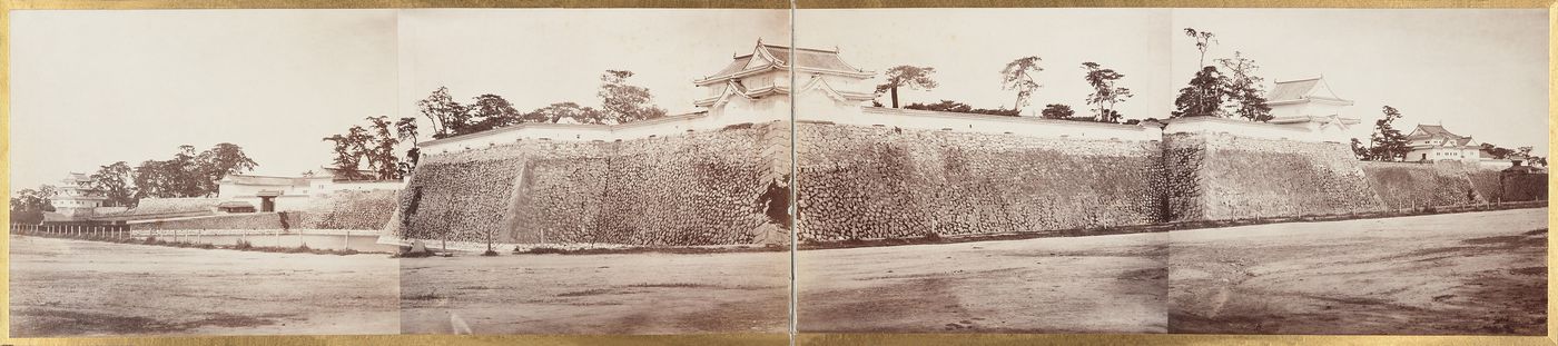 Panorama of the northwest corner of Osaka Castle showing watchtowers, defensive walls, gateways and the outer moat, Osaka, Japan