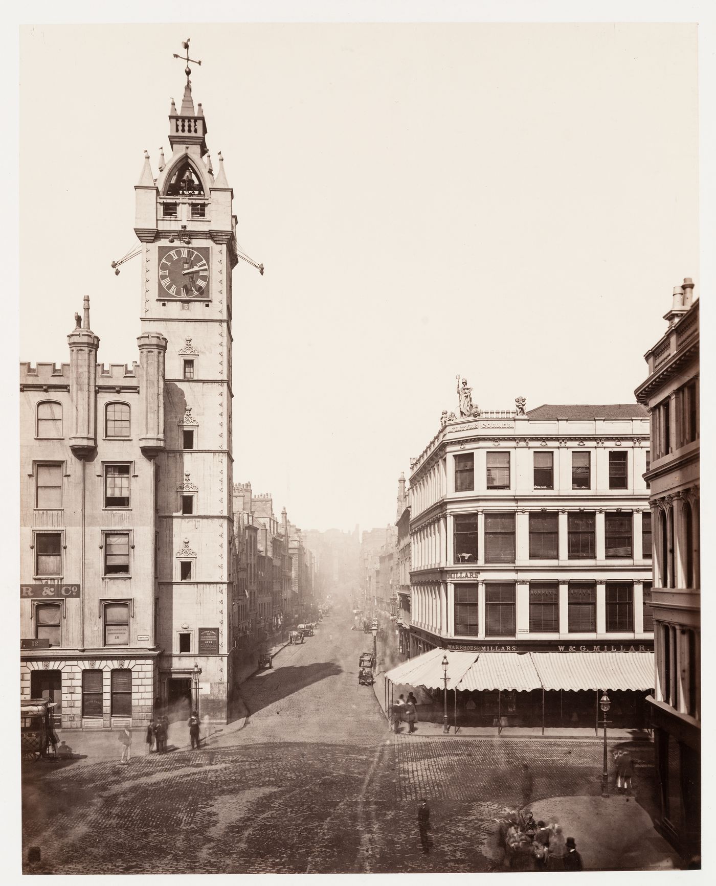 View of High Street from Trongate [street] showing Tolbooth Steeple, Glasgow, Scotland