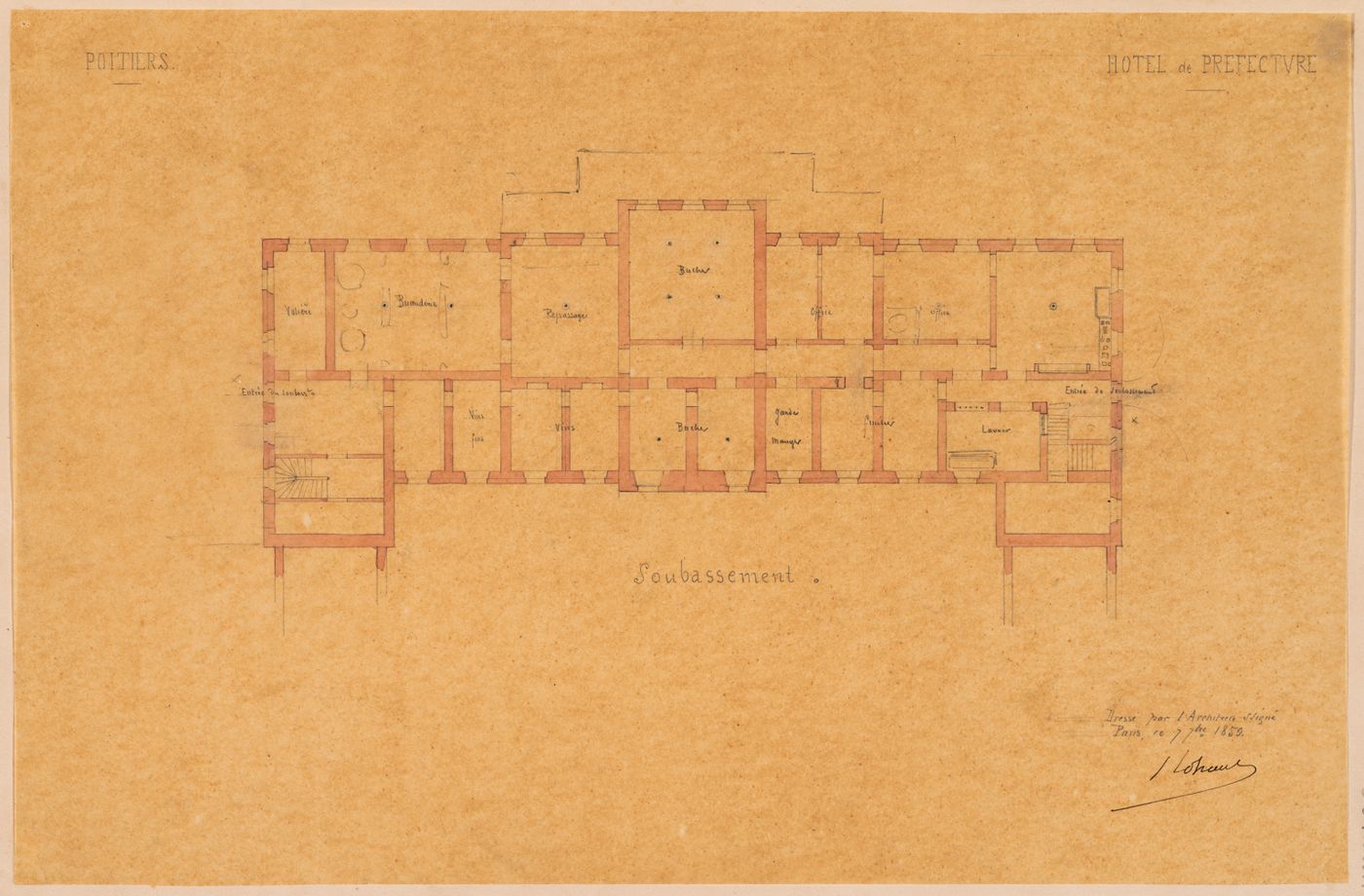 Project for a Hôtel de préfecture, Poitiers: Plan for the "soubassement" for the Hôtel du Préfet
