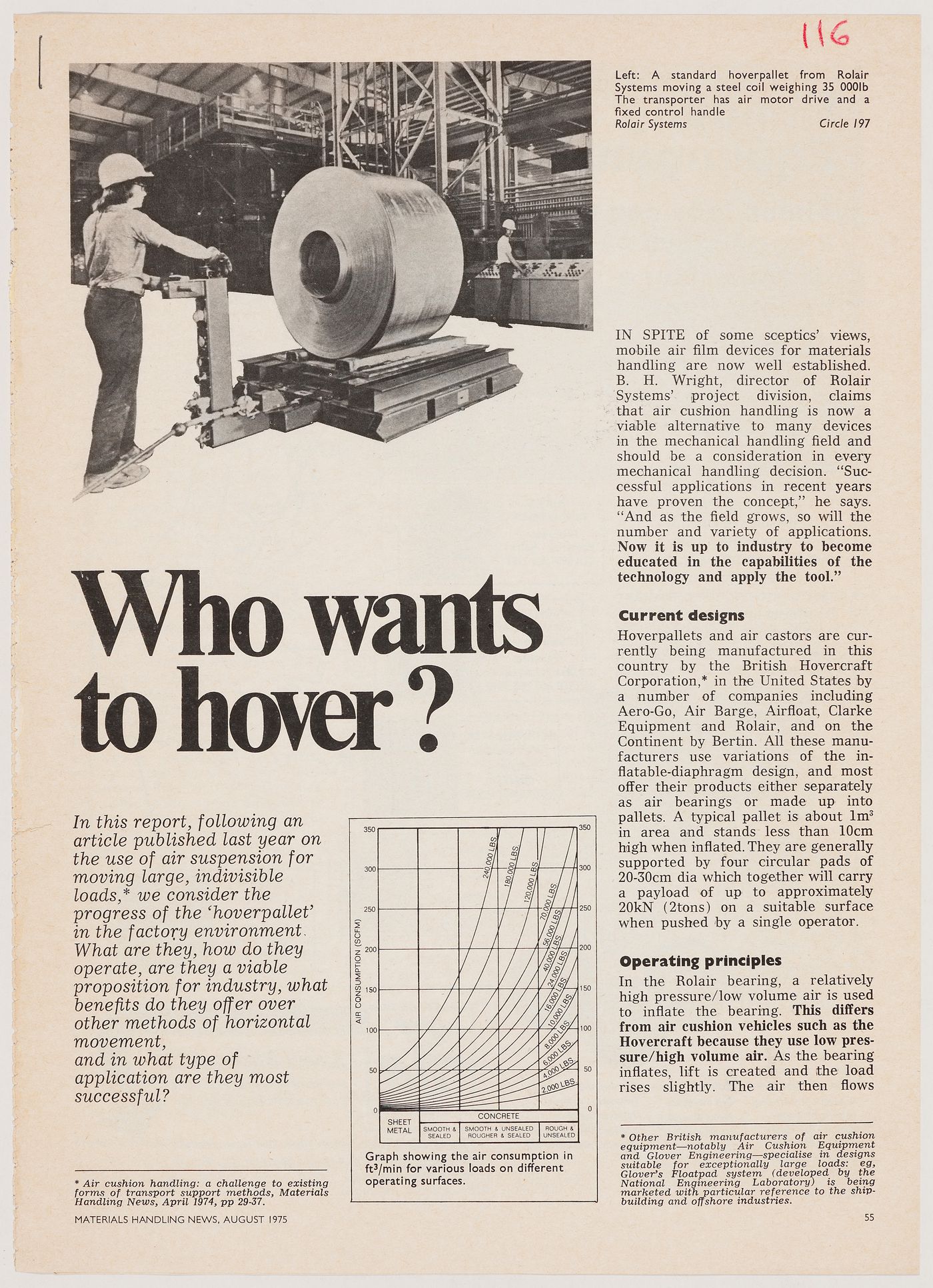 First page of an article about hoverpallets entitled "Who wants to hover?" (page 55 from the August 1975 issue of Materials handling news)