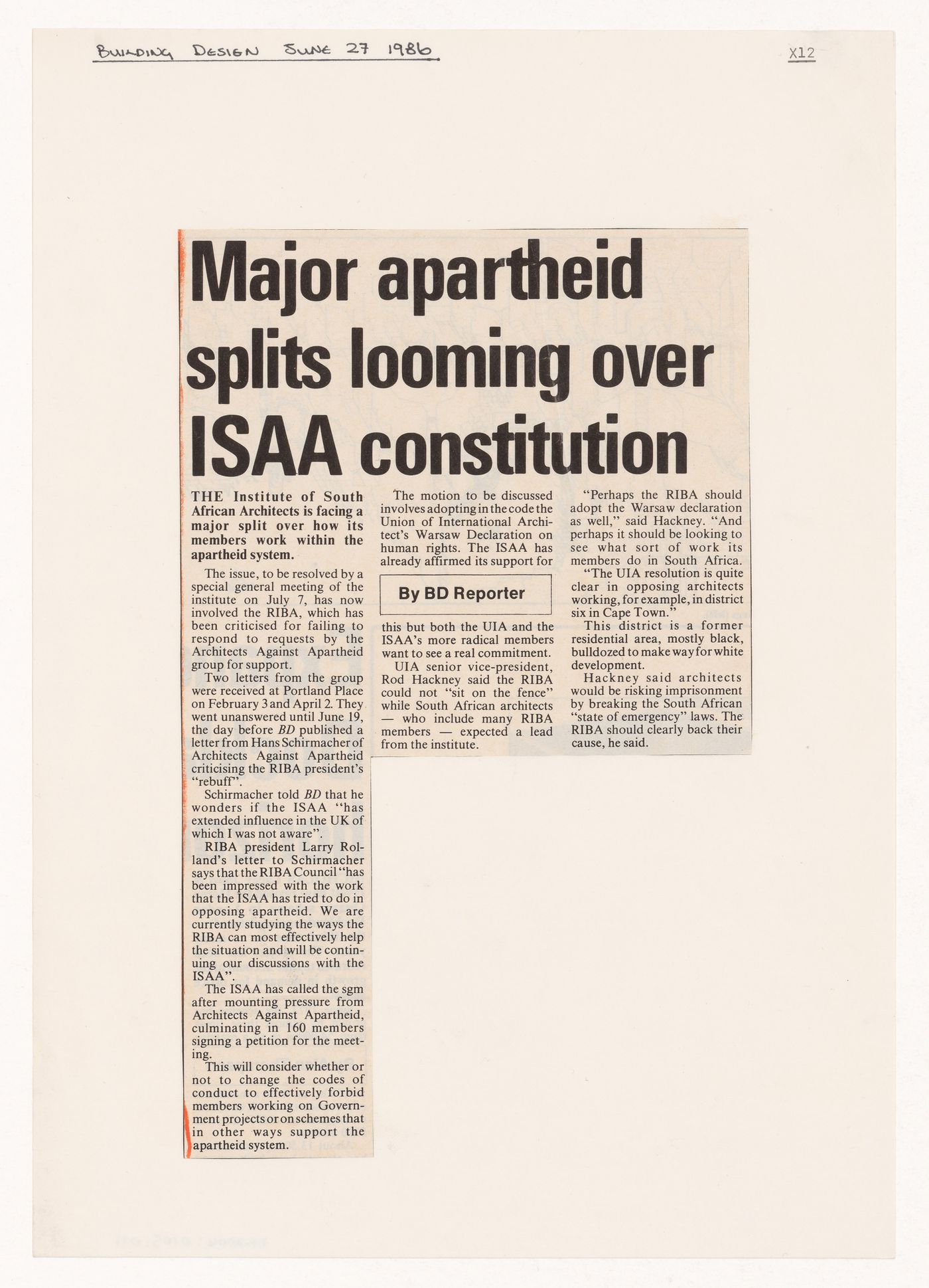 Newspaper clipping, "Major apartheid splits looming over ISAA constitution"