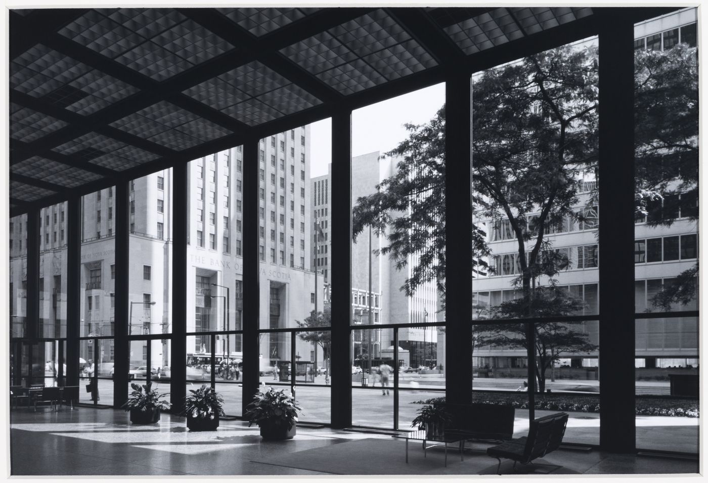 View of the plaza of the Toronto-Dominion Bank through the banking pavilion windows, Toronto