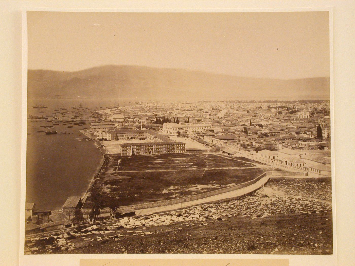 Partial view of Smyrna (now Izmir) showing barracks and the Gulf of Smyrna [?] (now the Gulf of Izmir), Ottoman Empire (now in Turkey)