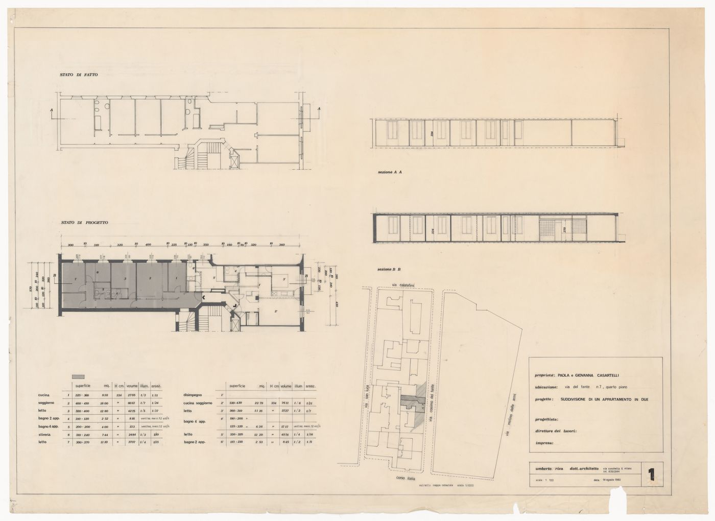 Floor plans and sections for Casa Spataro, Milan, Italy